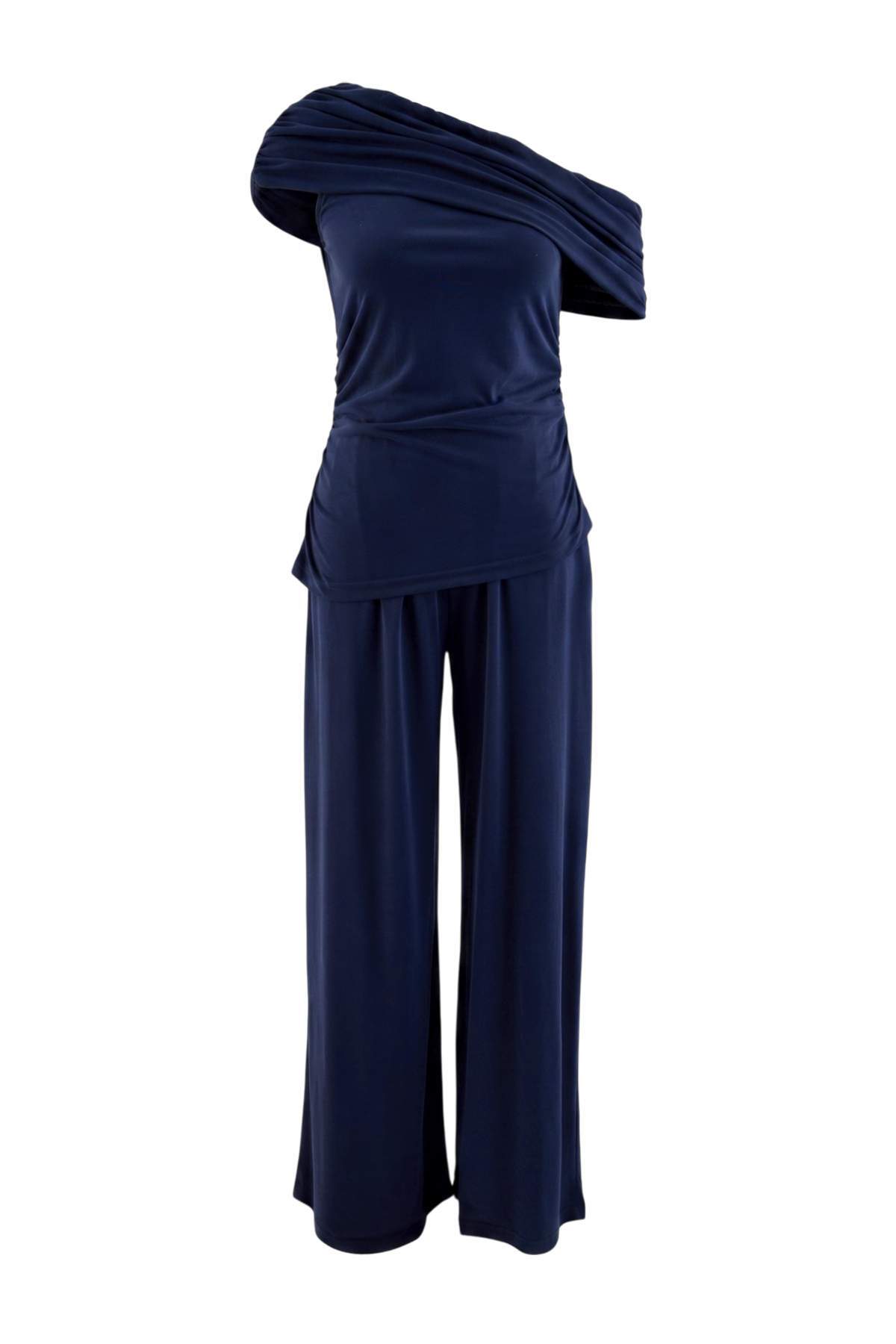 Trendyolmilla Lacivert Fitted/Vücuda Oturan Asimetrik Yaka Büzgülü Modal Kumaş Örme Alt - Üst Takım TWOAW27AU00088