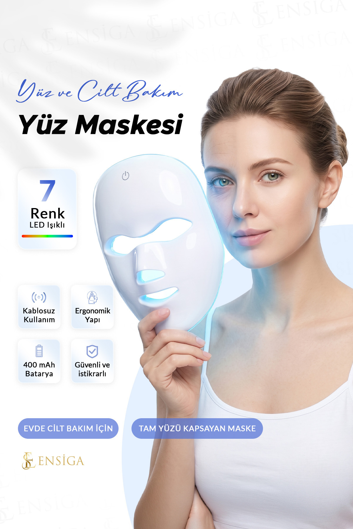 EN SİGA 7 Renk LED Işıklı Yüz ve Cilt Bakım Yüz Maskesi 400 mAh Şarjlı Kablosuz — سفید 7-RNK-LED-ISKL-YZ-BKM-MSK-400MAH