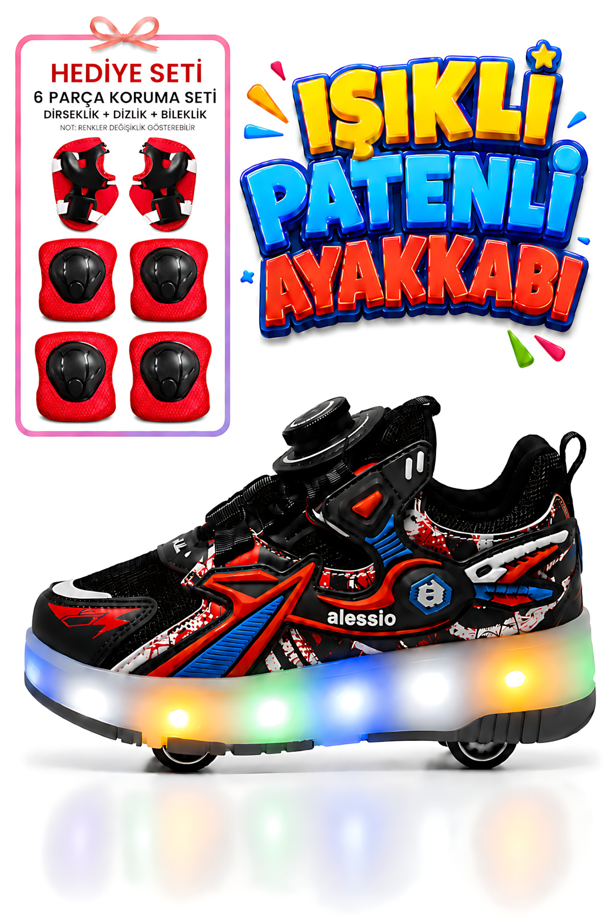 VestioStore Siyah Kırmızı Çocuk Tekerlekli Işıklı Otomatik Bağcık Mekanizmalı Spor Ayakkabı Paten Kaykay Sneaker