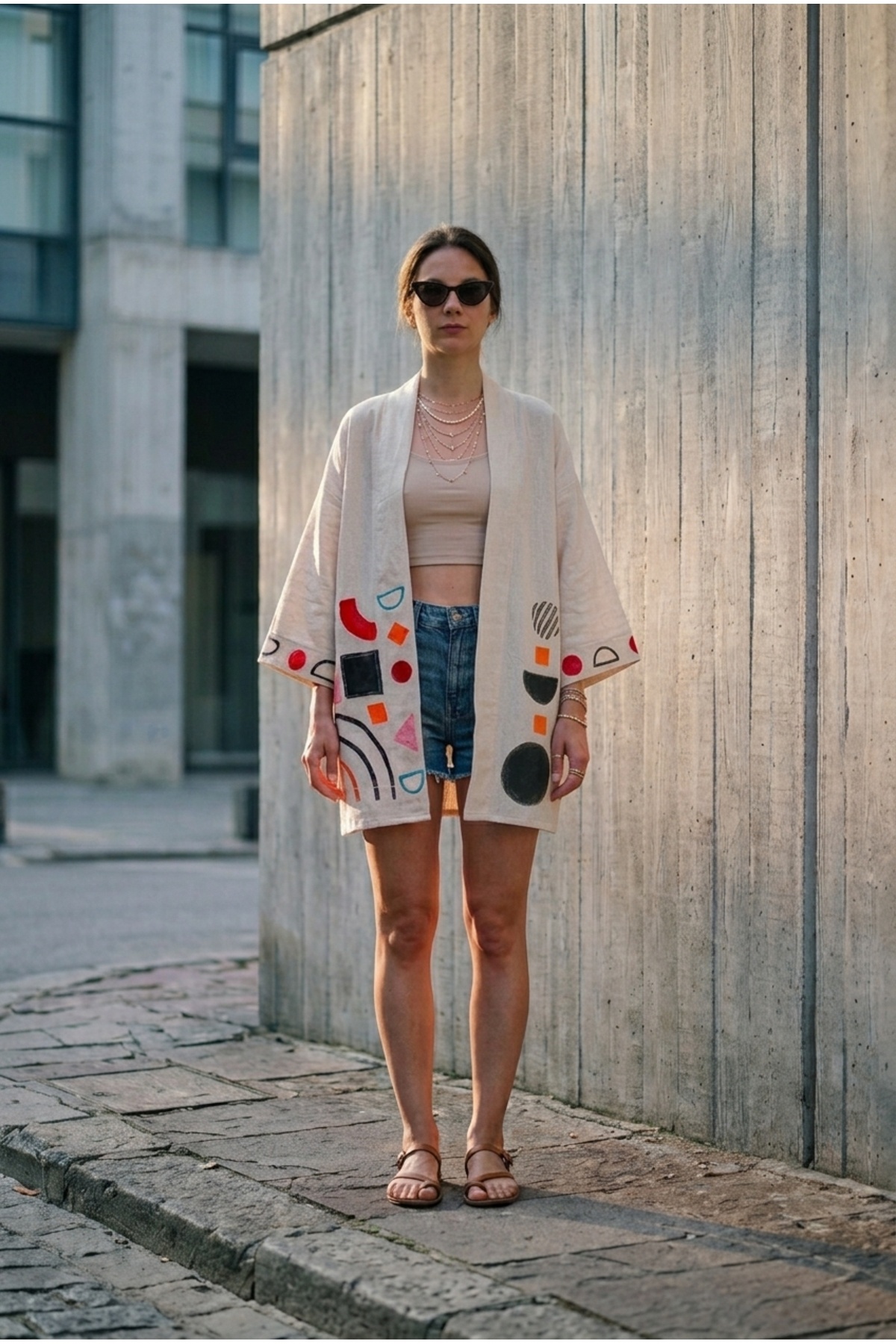 Art Deco Print Natural Linen Mini Kimono (Limited) — Red · View 3