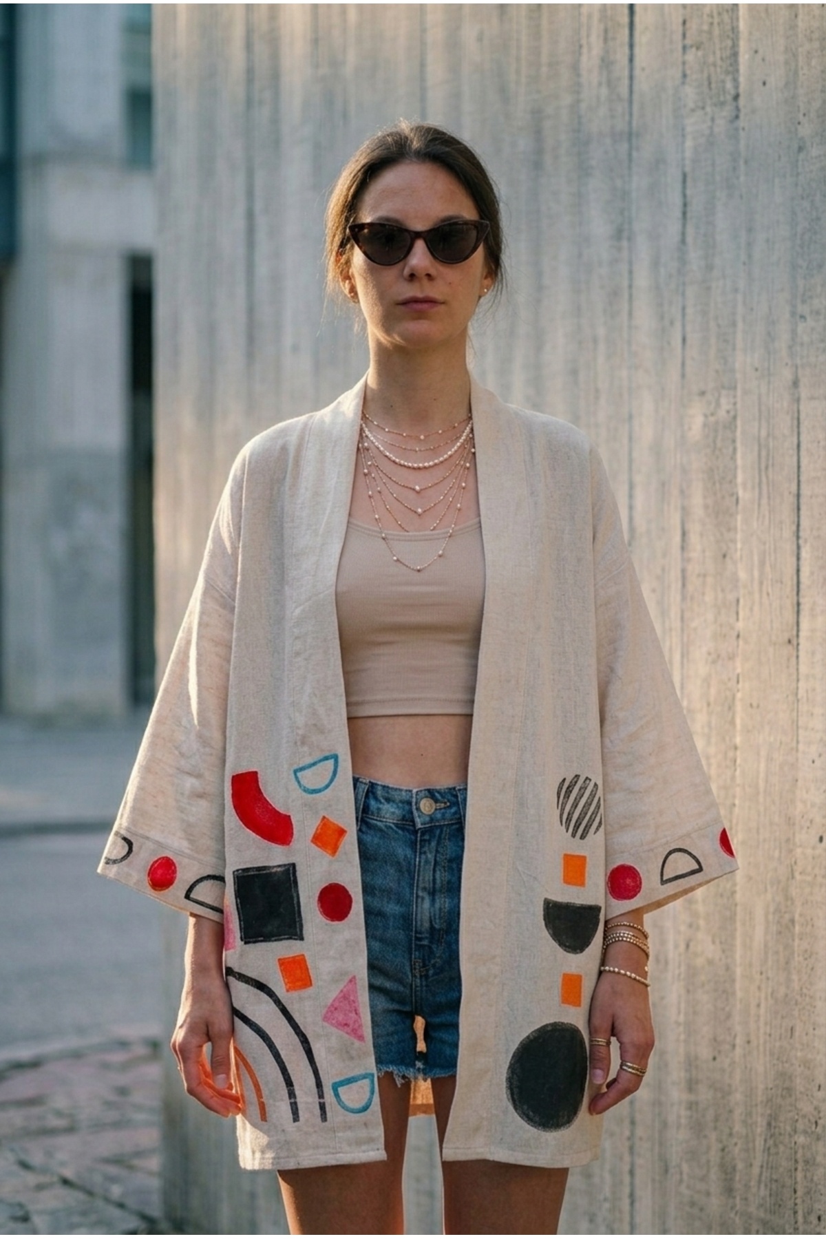 Art Deco Print Natural Linen Mini Kimono (Limited) — Red · View 2
