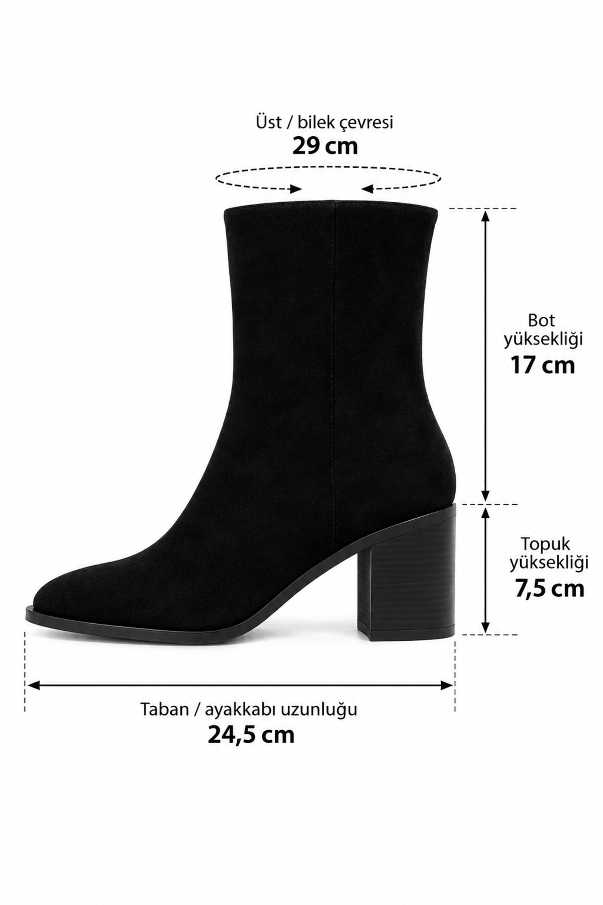 Best Cover SELEN Kadın Siyah Süet Yuvarlak Burun Süet Görünümlü Fermuarlı 7,5 Cm Kalın Topuklu Bot Bootie görsel 7