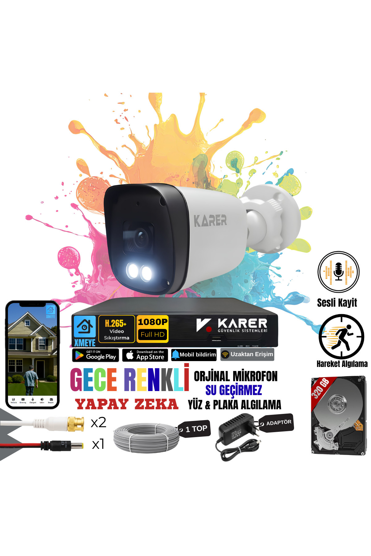 EXİTCAM B121-2W 1 Kameralı Full HD Sesli AHD Güvenlik Seti – 4 Kanal DVR, 320 GB HDD, Renkli Gece Gö