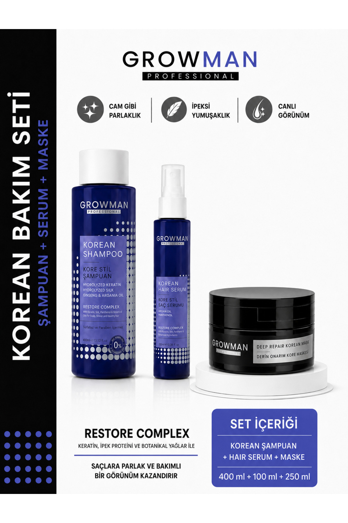 growman Kore Saç Bakım Seti 3’lü – Şampuan, Saç Maskesi ve Saç Toniği | Onarıcı Yoğun Bakım Seti — GROW-KORE-SET01