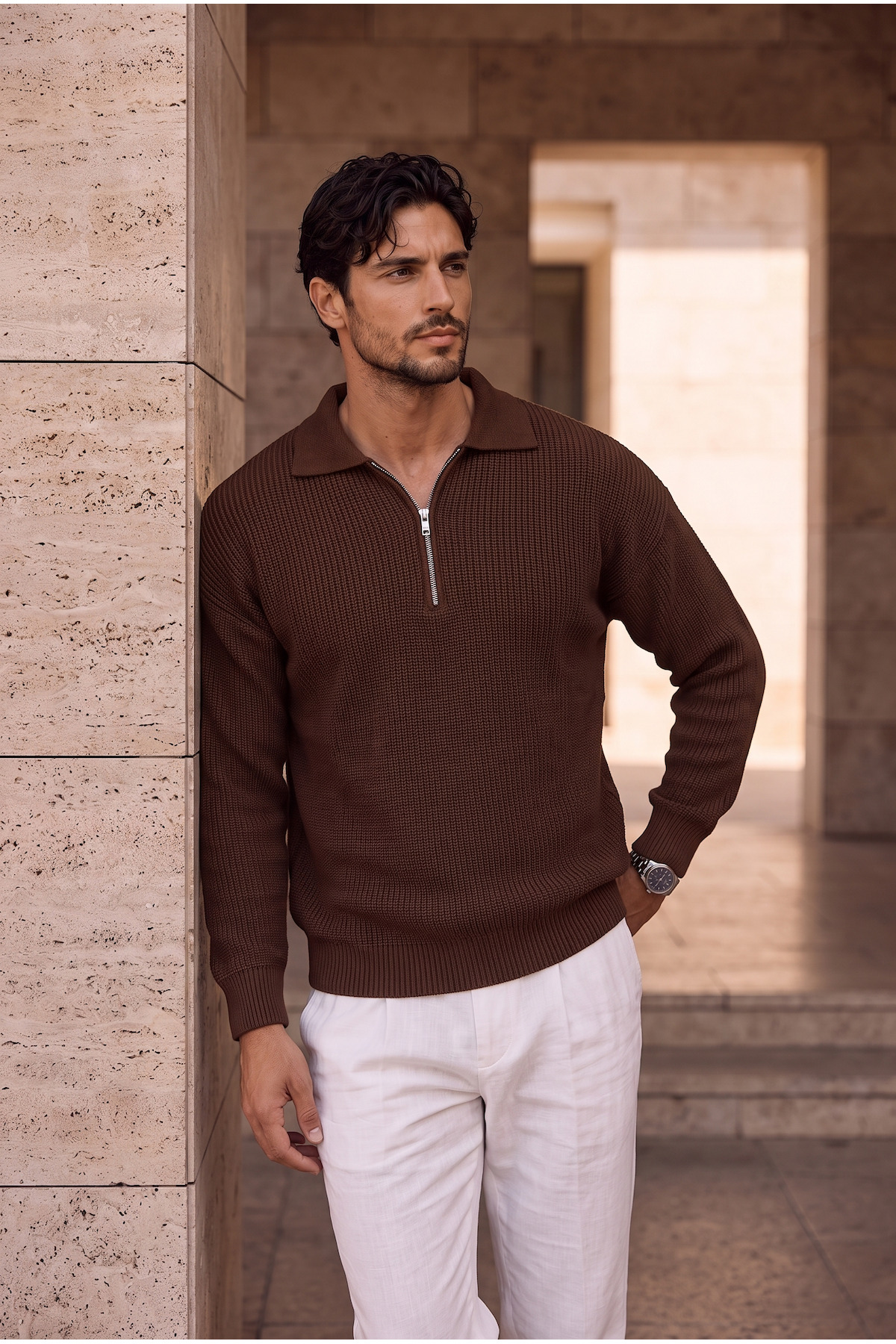 Valiberta Gibson Oversize Yarım Fermuar Gömlek Polo Yaka Selanik Örme Erkek Triko Kazak - Kahve görsel 3