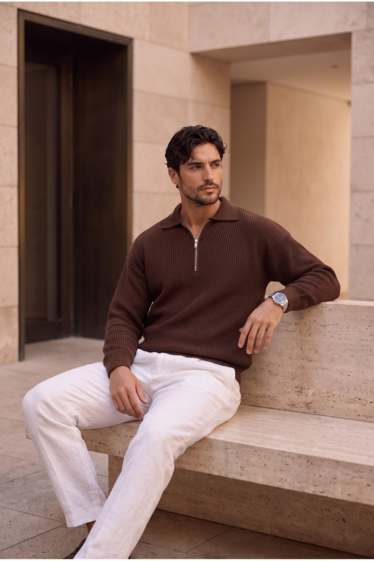 Valiberta Gibson Oversize Yarım Fermuar Gömlek Polo Yaka Selanik Örme Erkek Triko Kazak - Kahve görsel 6