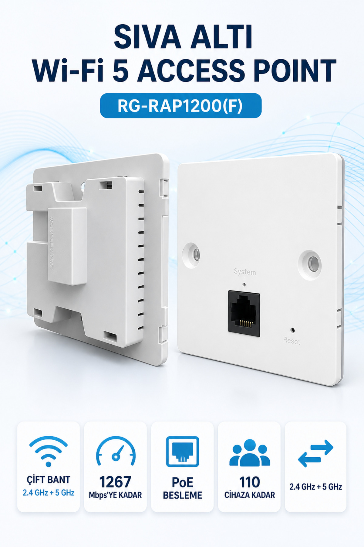 RG-RAP1200(F) Wi-Fi 5 Access Point – Sıva Altı Duvar Tipi Çift Bant Menzil Genişletici, PoE, 1267 Mb Görsel 3
