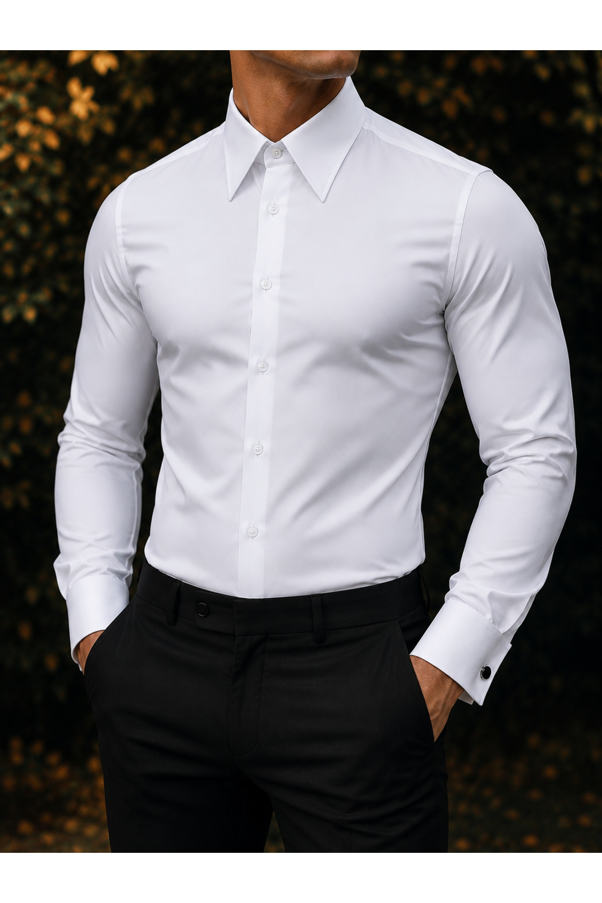 Slim Fit İtalyan Yaka Kol Düğmeli Saten Likra — سفید PSR130