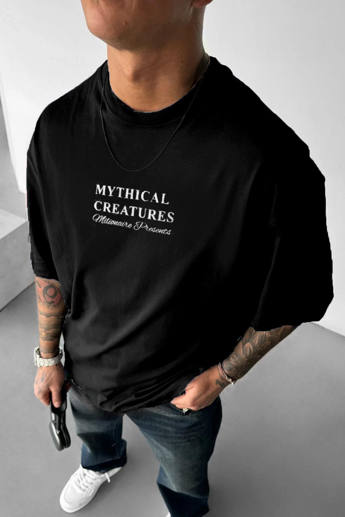 Teenage Millionaire Erkek Mythical Pegasus Baskılı Siyah Bisiklet Yaka Oversize Salaş T-Shirt görsel 2