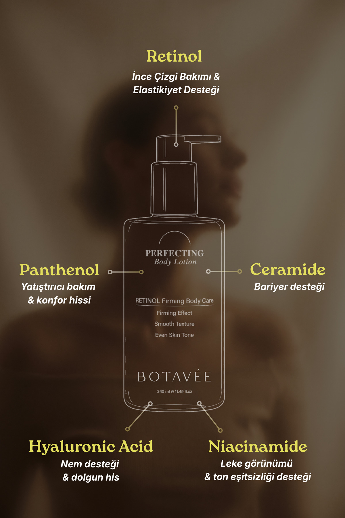 Retinol İçeren Sıkılaştırıcı, Pürüzsüzleştirici ve Yoğun Nemlendirici Vücut Bakım Kremi - 340 ml — BOT-FBL-340 — تصویر 3 از 7