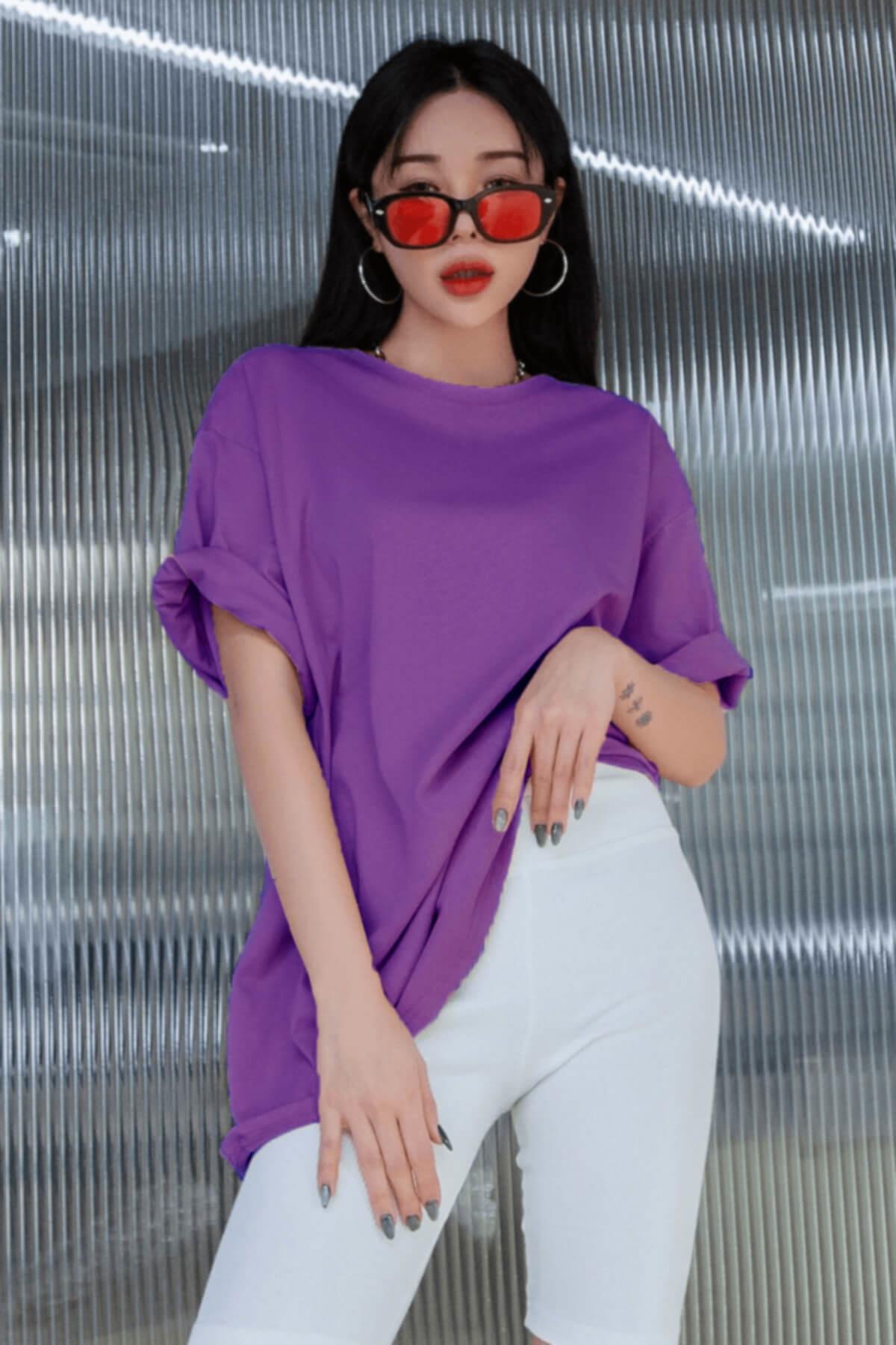 Teenage Millionaire Mor Basic Düz Baskısız Oversize Salas Boyfriend Kadın T-Shirt görsel 2