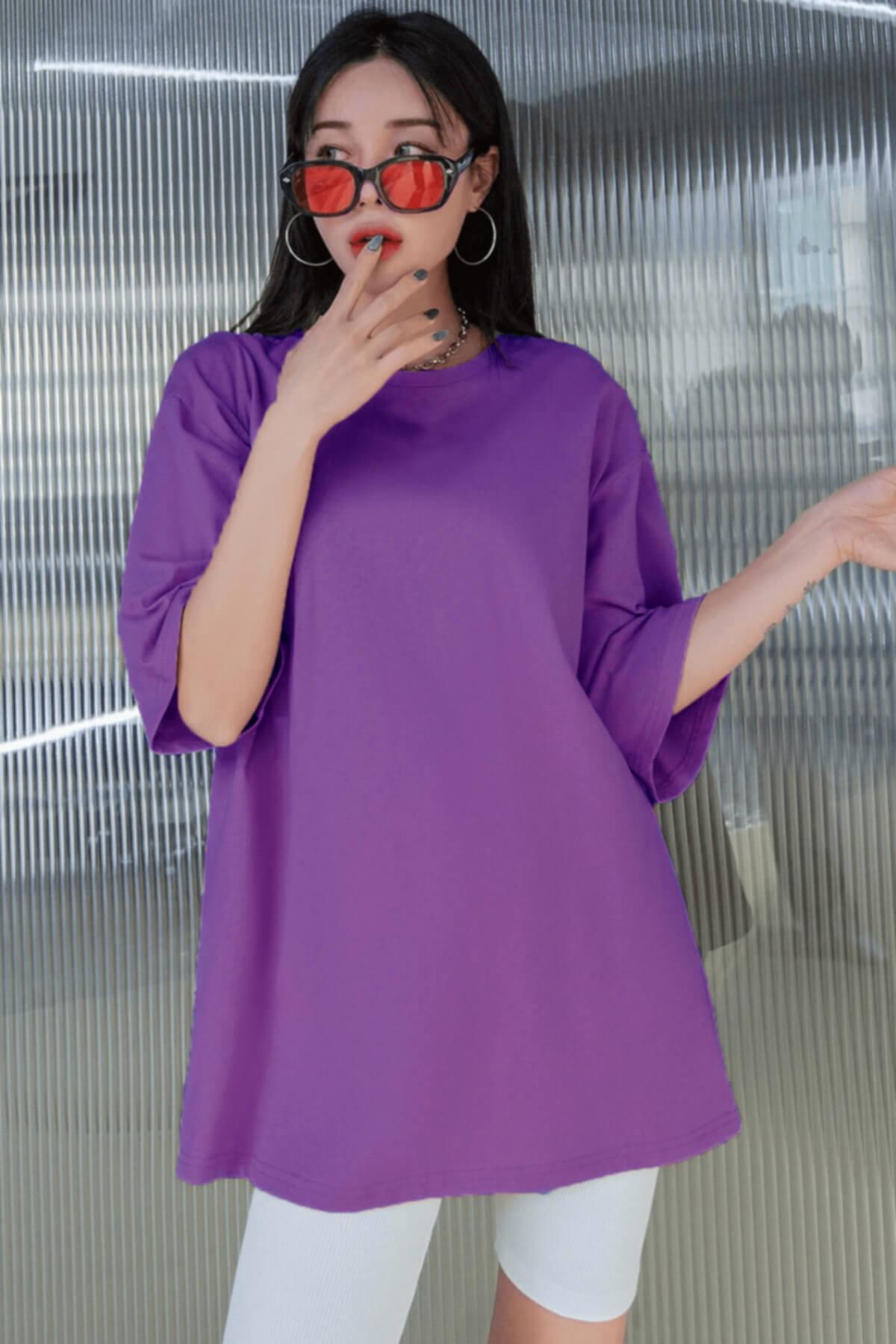 Teenage Millionaire Mor Basic Düz Baskısız Oversize Salas Boyfriend Kadın T-Shirt görsel 4