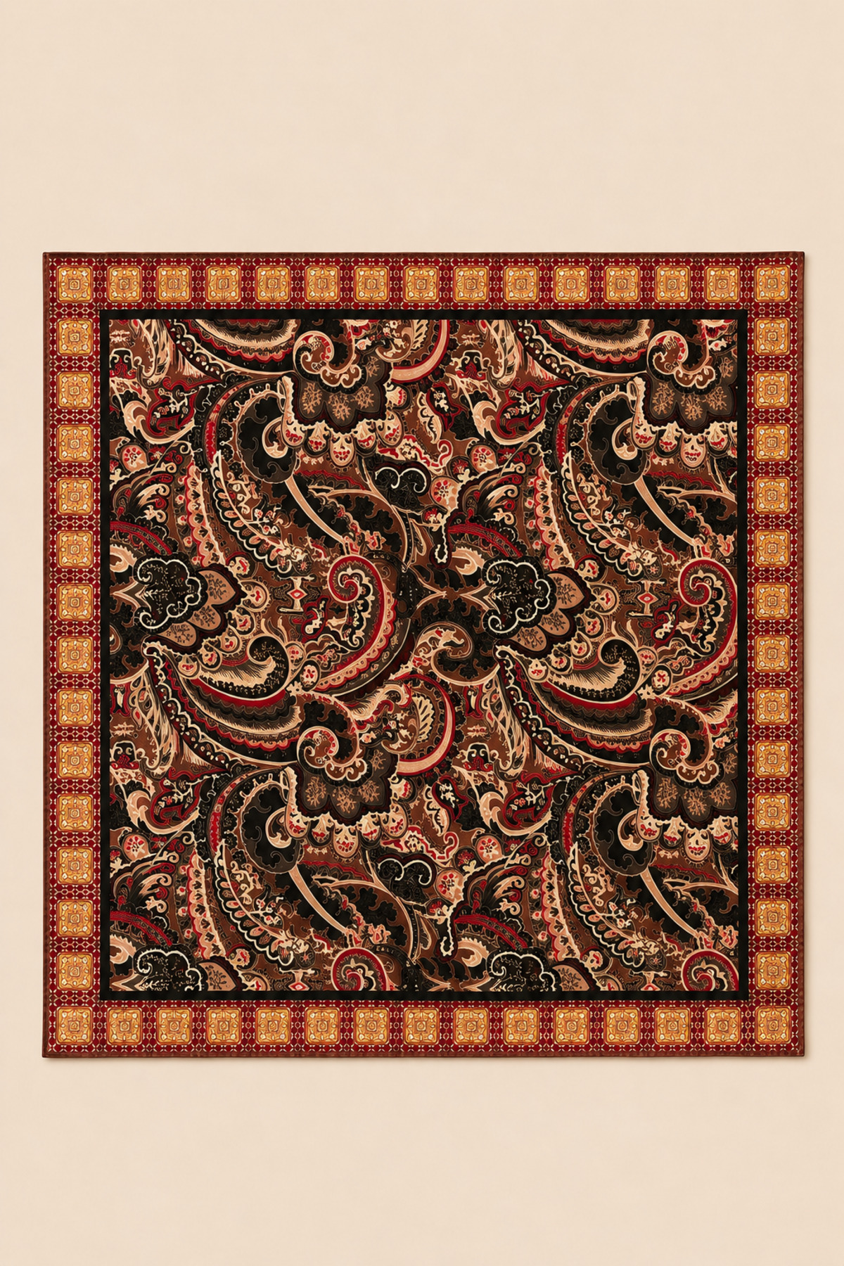 OUS Kadın Kahverengi Bordo Şal Desenli 70x70 cm Saten Fular, İpeksi Dokulu Kare Boyun Saç ve Çanta Aksesuarı görsel 5