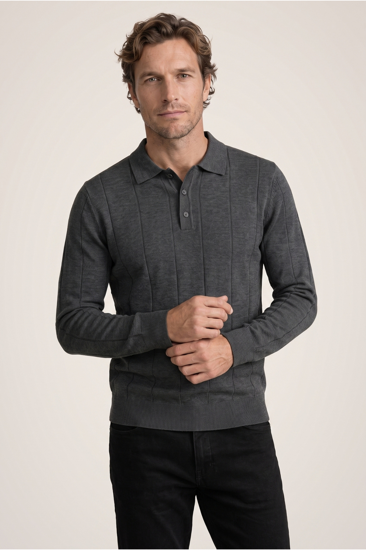 Kiğılı Polo Yaka Düğmeli Regular Fit Çizgili Triko Kazak görsel 2