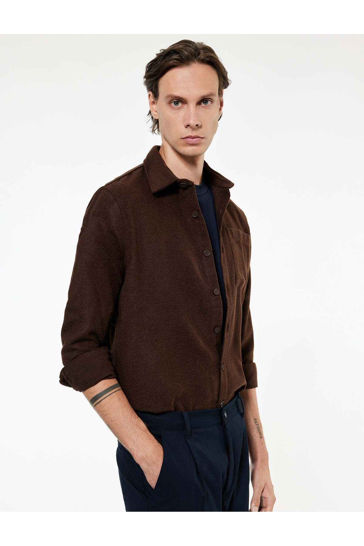 Regular Fit Düğmeli Cep Detaylı Uzun Kollu Gömlek — قهوه‌ای 6WAM60112HW — تصویر 2 از 6