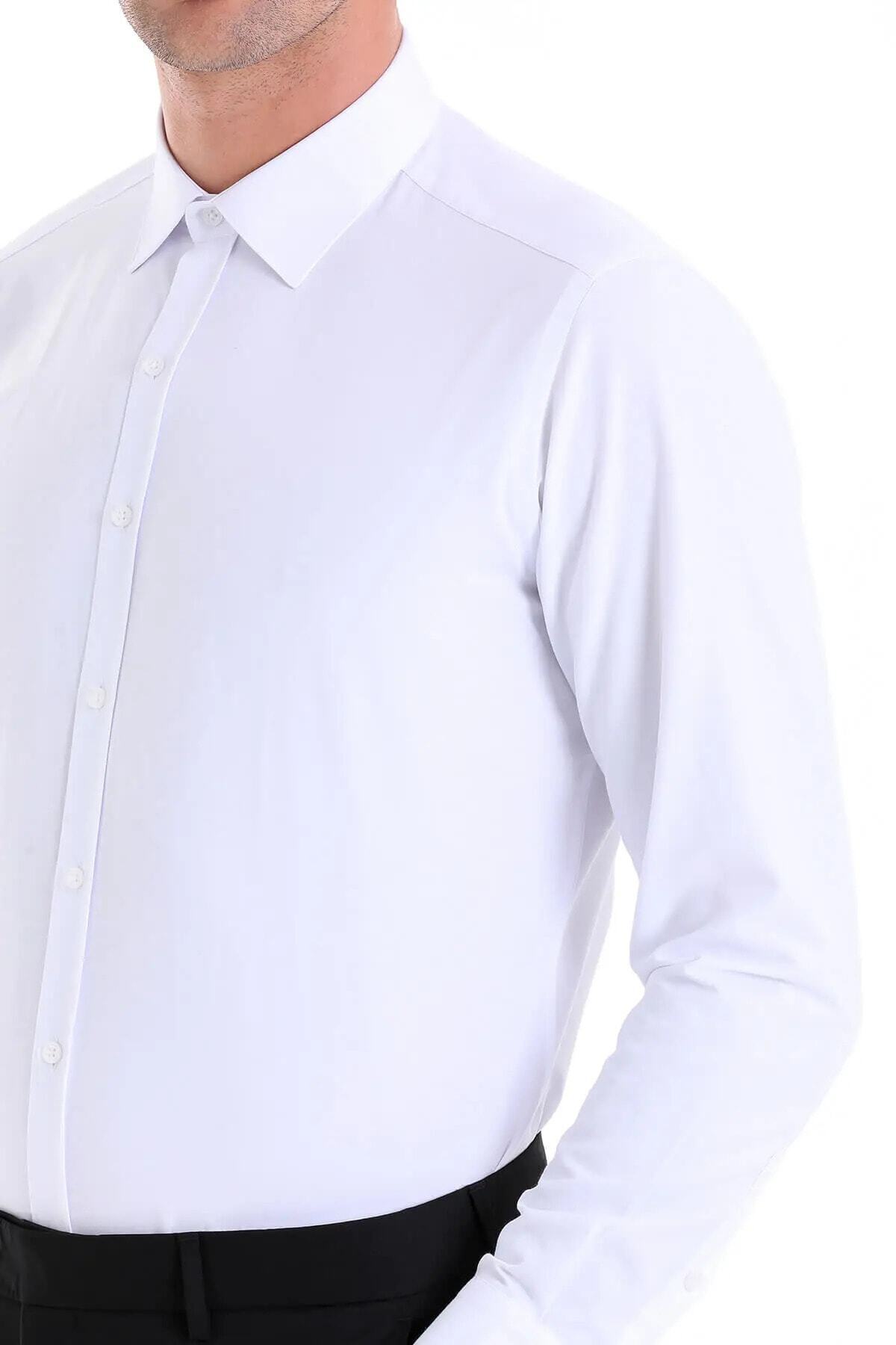 Hatemoğlu Beyaz Slim Fit Düz Pamuklu Slim Yaka Uzun Kollu Klasik Gömlek görsel 7