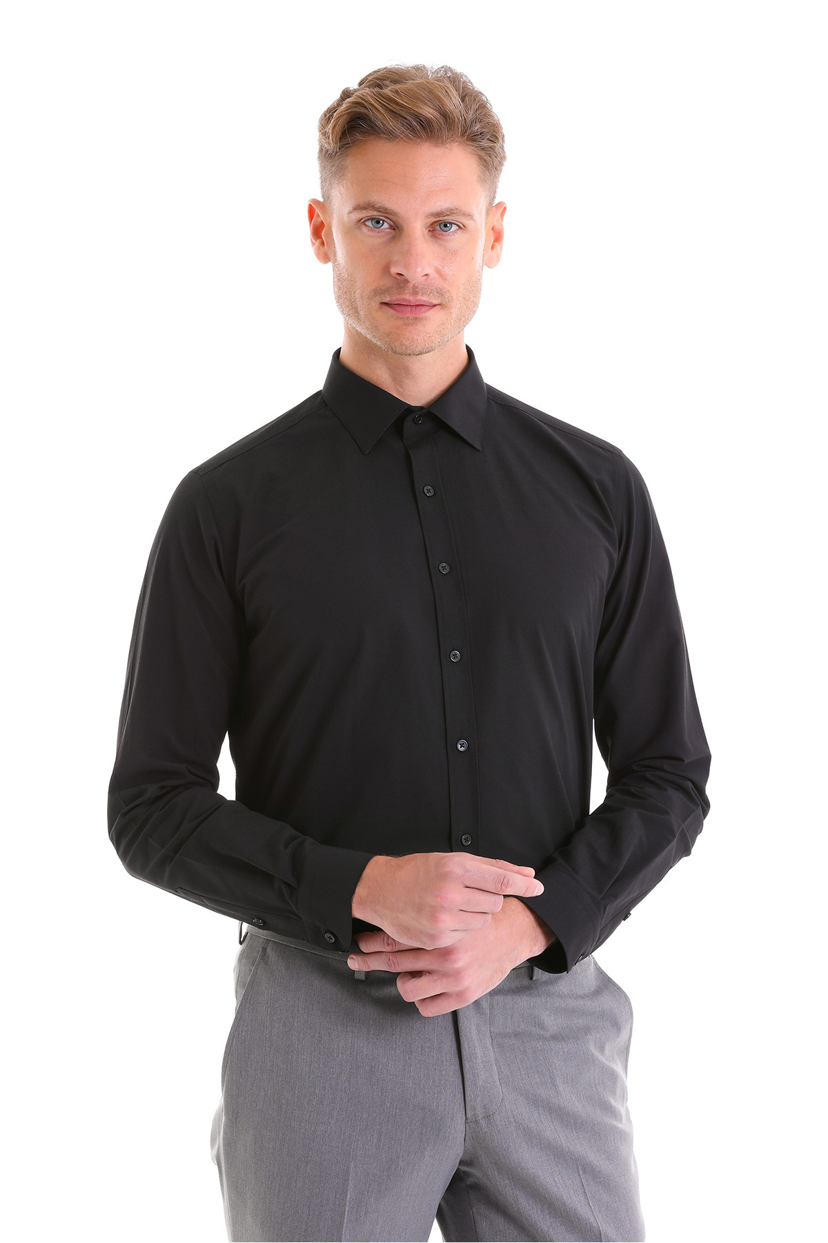 Siyah Slim Fit Düz Pamuklu Slim Yaka Uzun Kollu Klasik Gömlek — مشکی 20D190000111 — تصویر 4 از 8