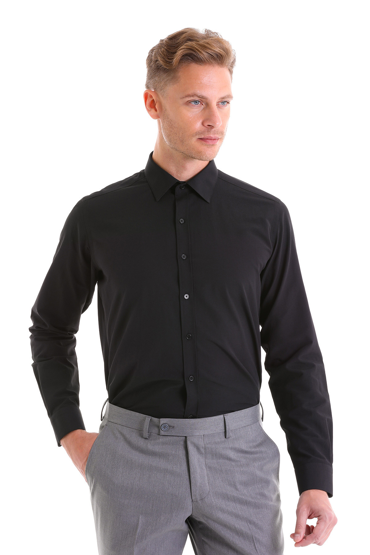 Siyah Slim Fit Düz Pamuklu Slim Yaka Uzun Kollu Klasik Gömlek — مشکی 20D190000111 — تصویر 5 از 8