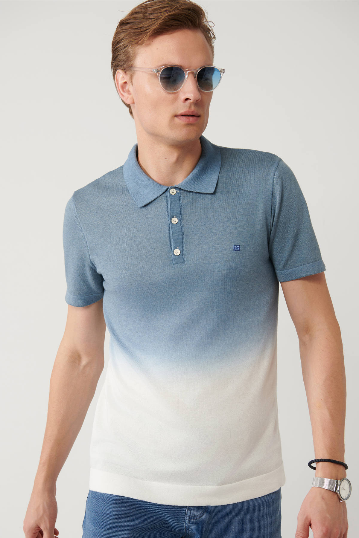 Avva Men's Indigo 3 Button Polo Neck Knitwear Regular Fit T-Shirt A41Y5068