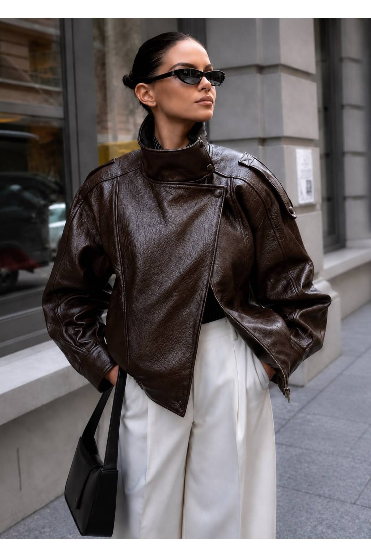 mega lucky ZR Model Acı Kahverengi Oversize Dik Yaka Deri Ceket görsel 3
