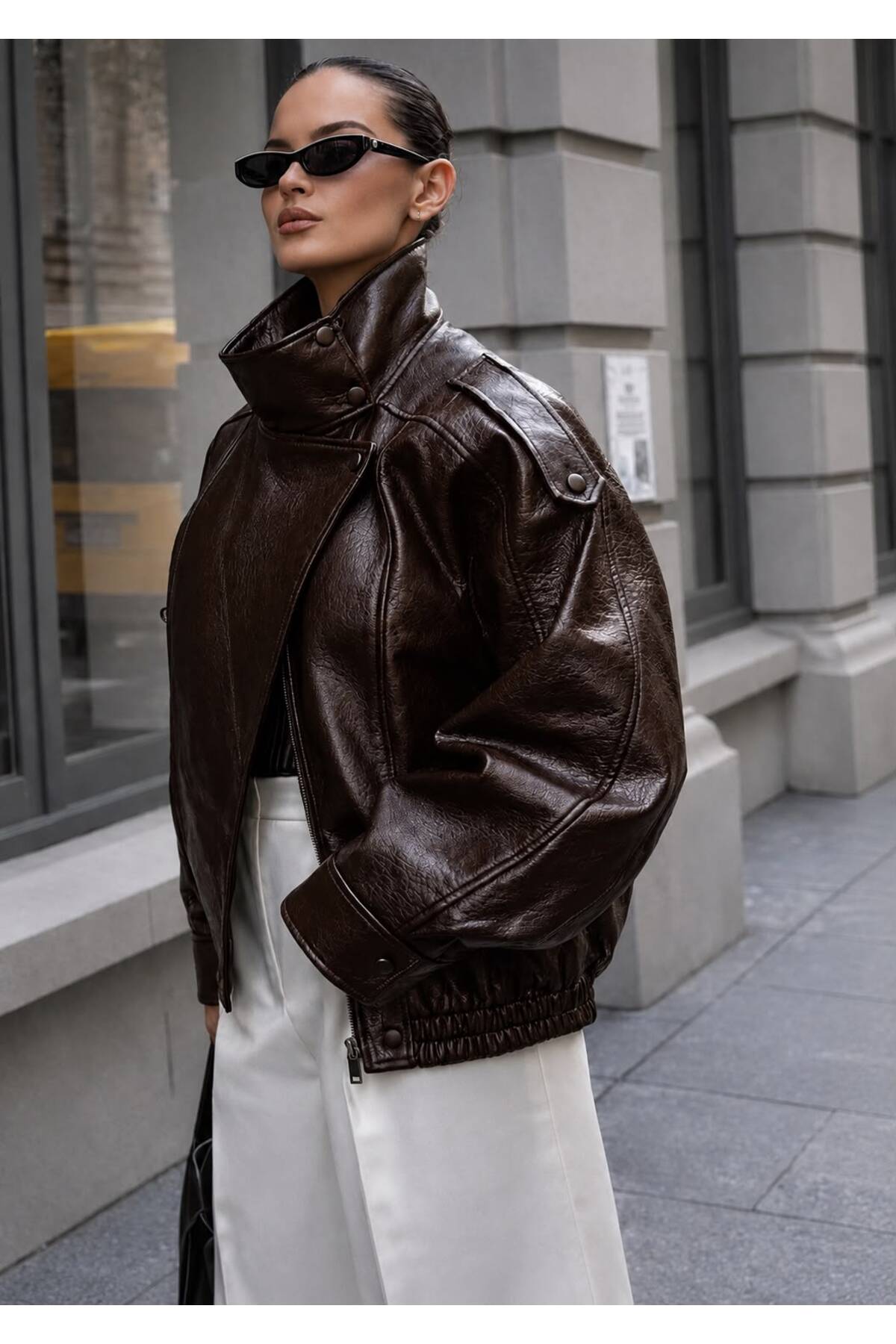 mega lucky ZR Model Acı Kahverengi Oversize Dik Yaka Deri Ceket görsel 2