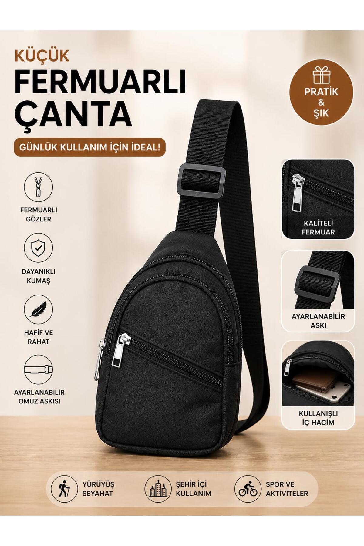 Sofia Erkek 3 Fermuarli Siyah Crossbody bag Askılı Omuz Çantası