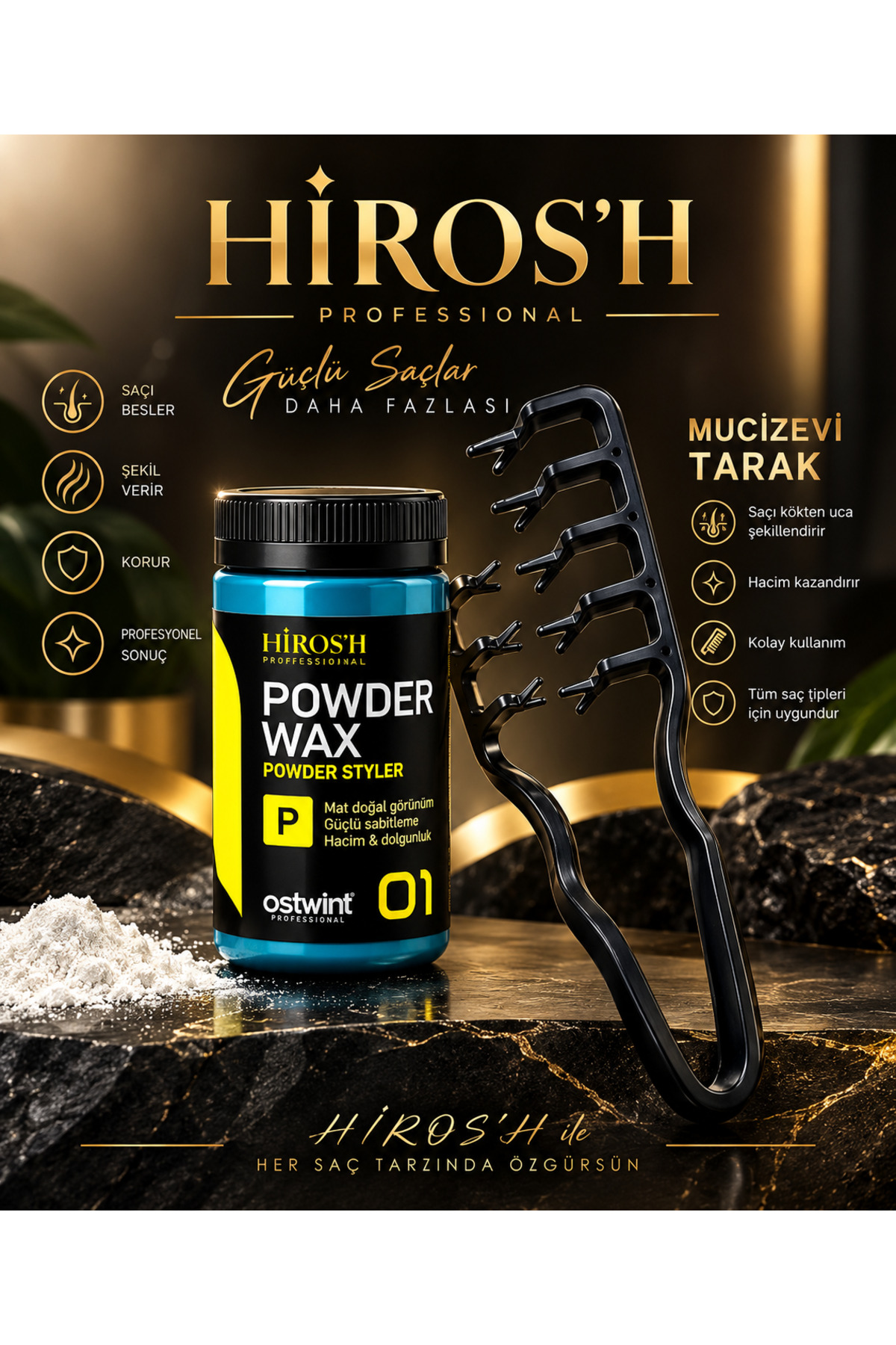 HİROS'H Mucizevi Saç Şekillendirici Tarak Toz Saç Waxı Profesyonel Saç Seti — قهوه‌ای HRSH001711