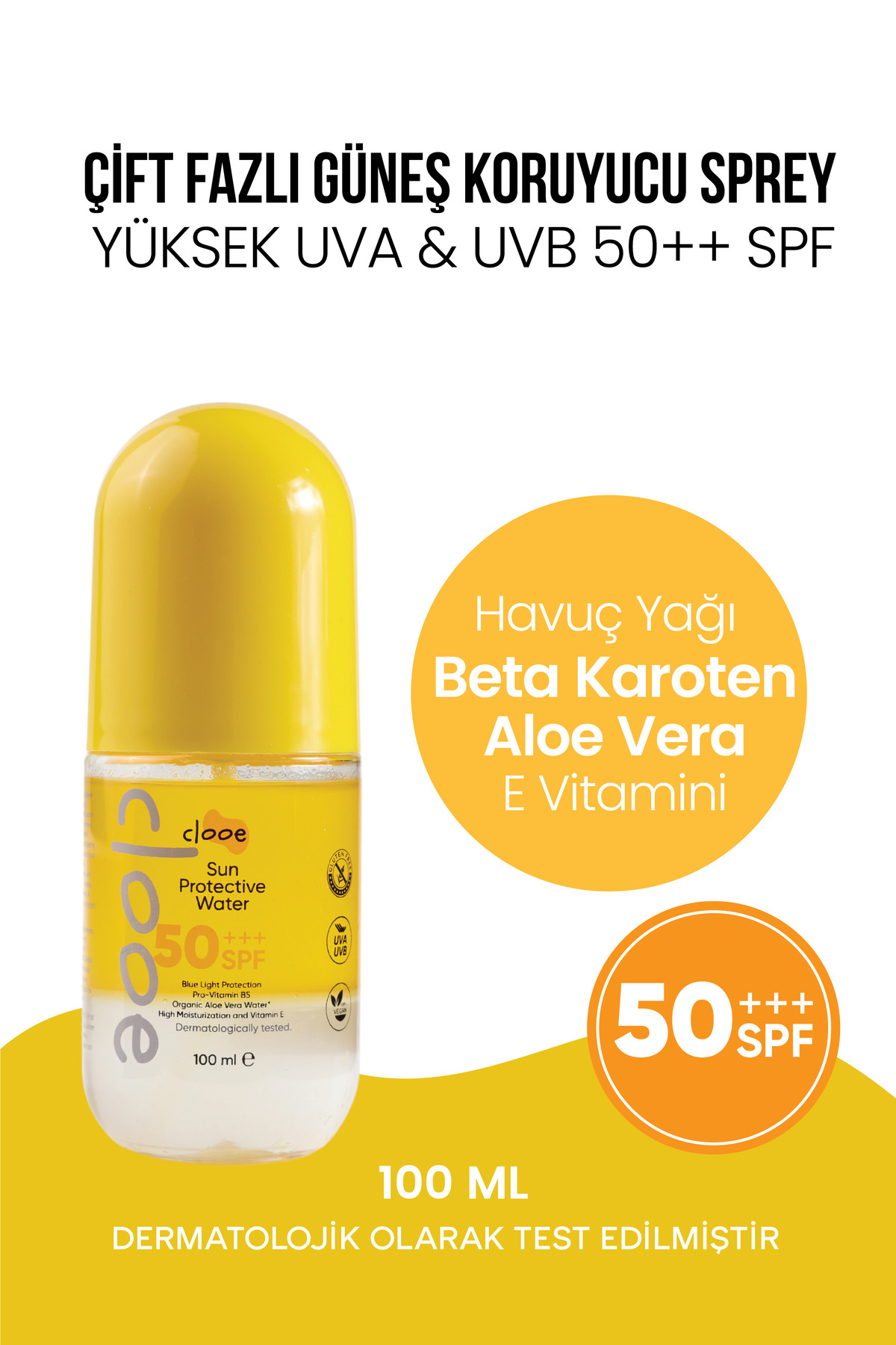 clooe Çift Fazlı Güneş Koruyucu Sprey SPF 50+++ 100 ml - Havuç Yağı ve Aloe Vera Özlü - Yağlı His Bırakmaz - Yüksek UVA & UVB Koruması - Yüz ve Vücut İçin — STK017