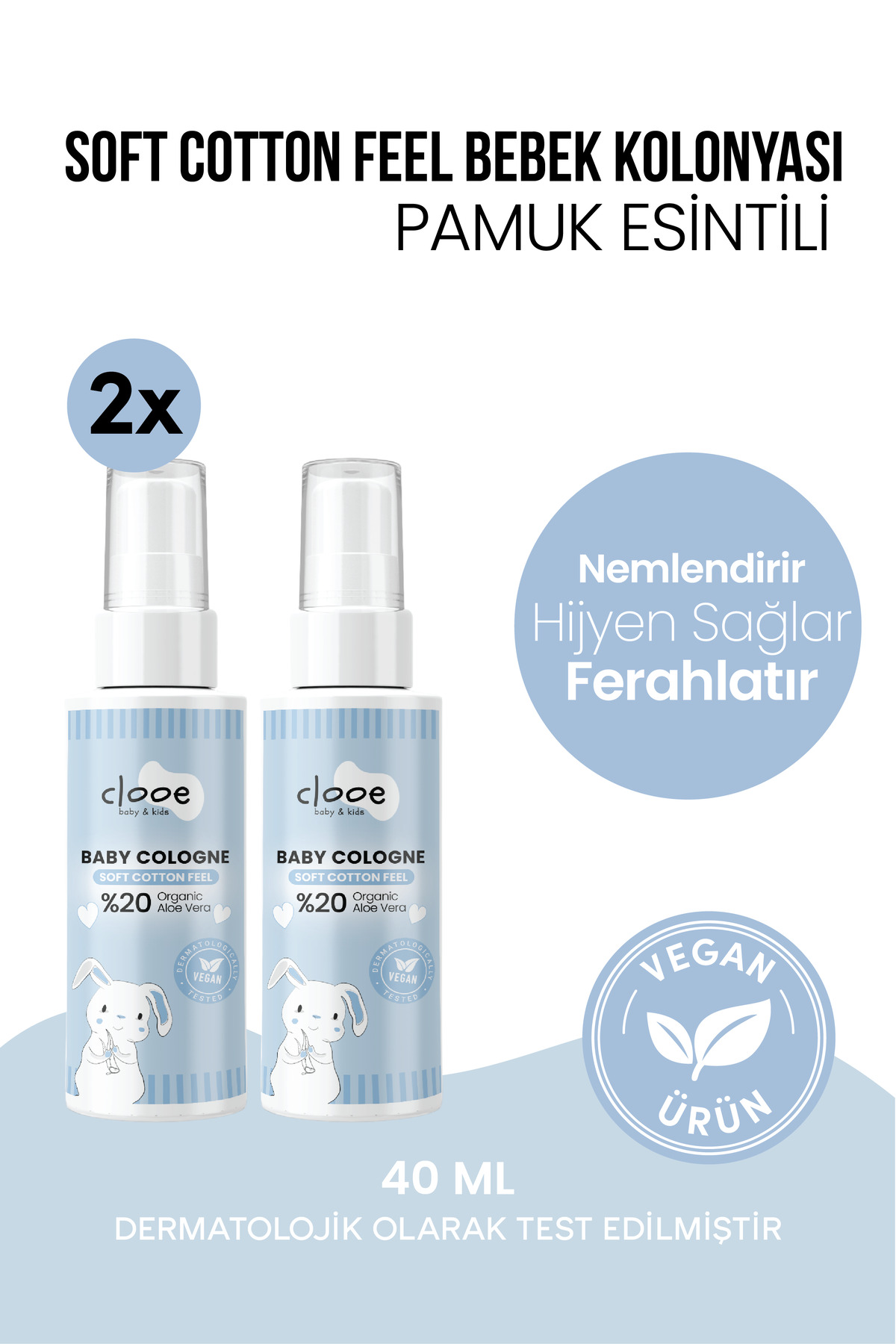 clooe Vegan Organik Aloe Vera Özlü Yatıştırıcı Nemlendirici Pamuksu Bebek Kolonyası 2'li Avantajlı Seti — PKA023