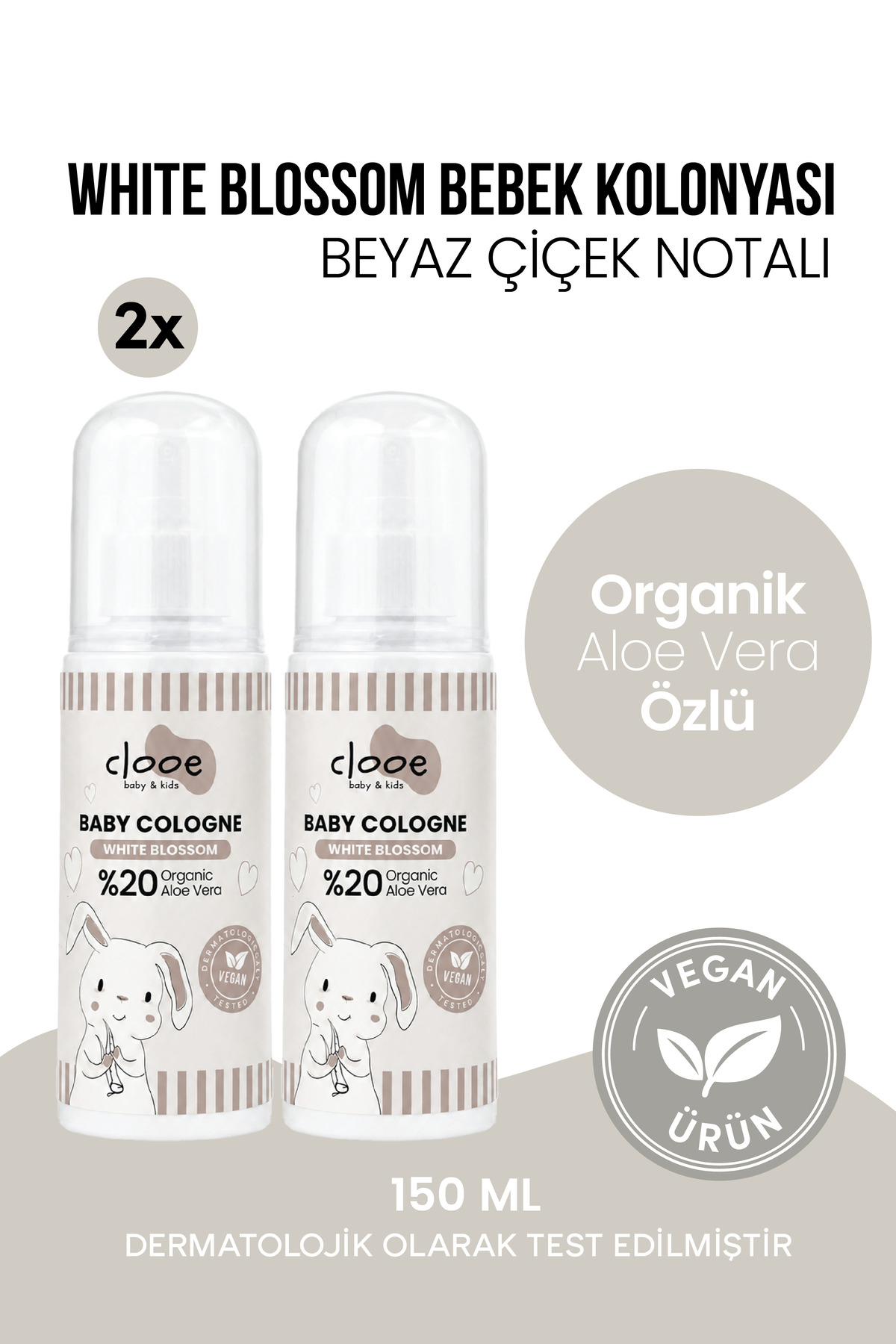clooe 2'li Bebek Kolonyası White Blossom 150 ml - Beyaz Çiçek Notalı - Organik Aloe Vera Özlü - Vegan - Hızlı Kuruyan — PKA089