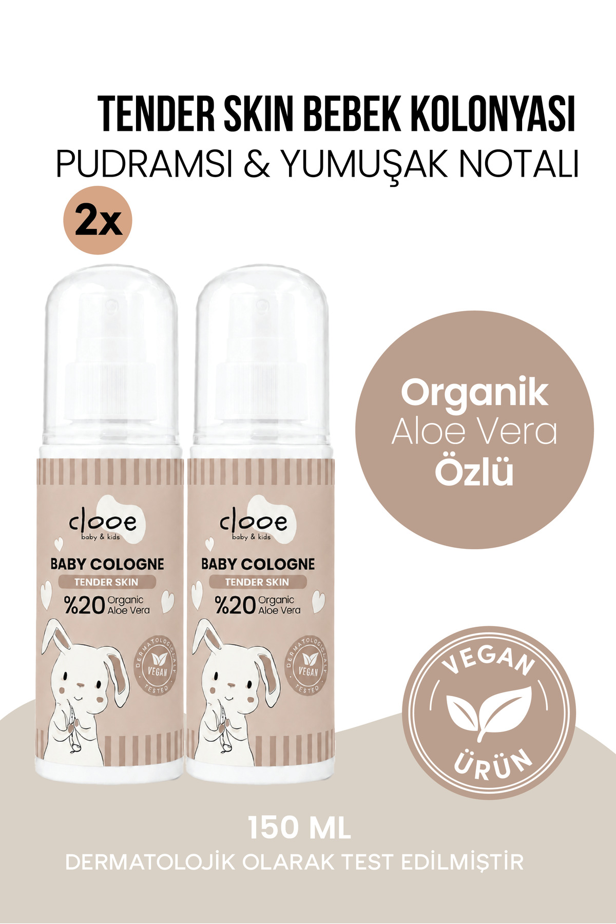 clooe 2'li Bebek Kolonyası Tender Skin 150 ml - Pudramsı ve Yumuşak Notalı - Organik Aloe Vera Özlü - Vegan - Hızlı Kuruyan — PKA086