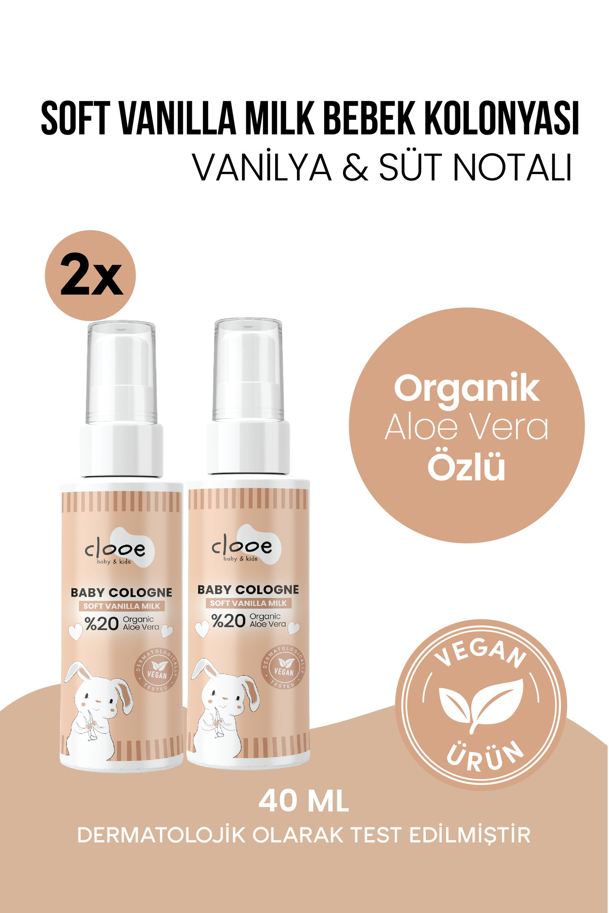 clooe Vegan Soft Vanilla Milk Bebek Kolonyası Aloe Vera Özlü Yatıştırıcı Nemlendirici Pamuksu 40 ml 2'li — PKA028