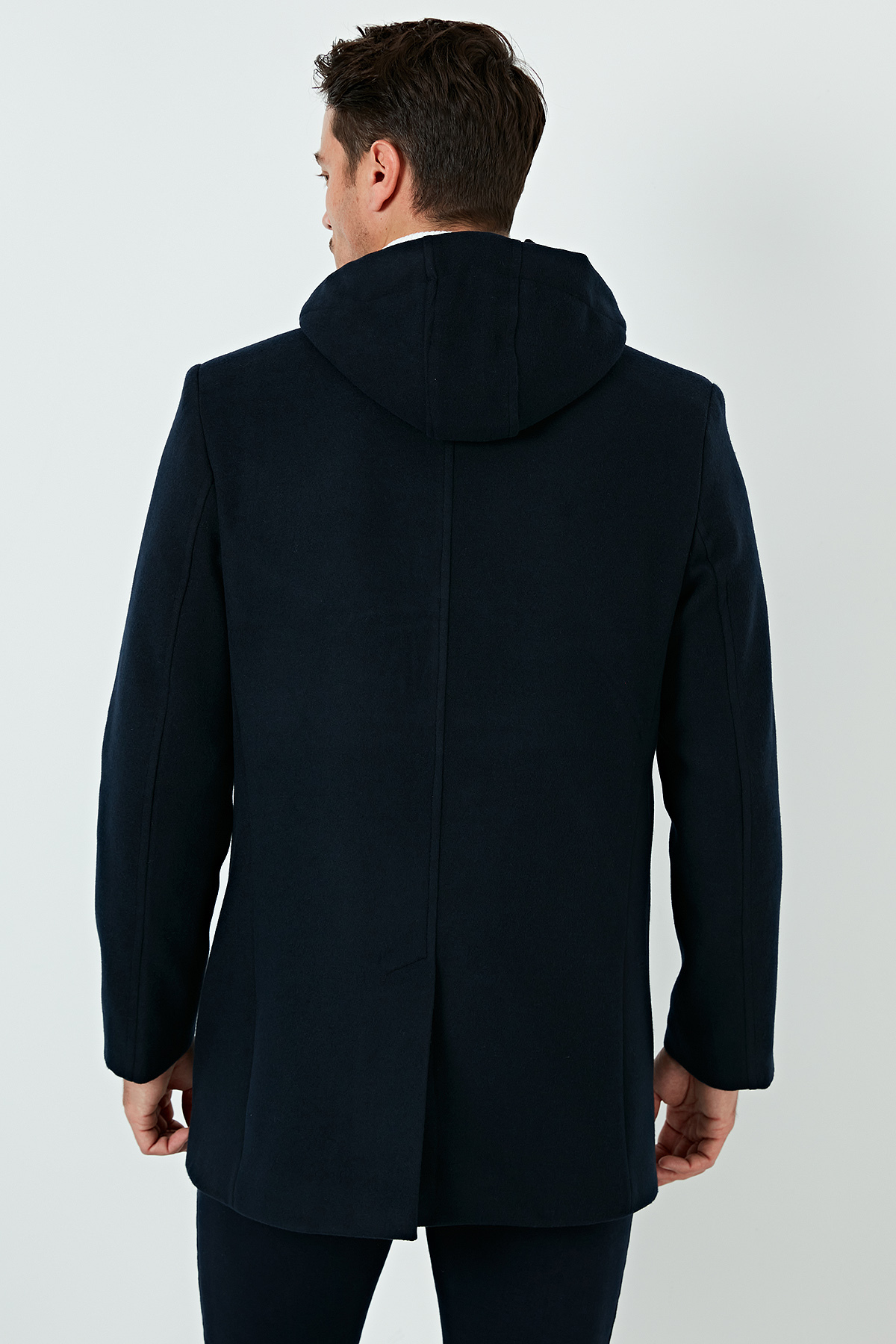 Çıkarılabilir Kapüşonlu Kırçıllı Slim Fit Kaşe Kaban Erkek KABAN 5841013 — سرمه‌ای — تصویر 5 از 6