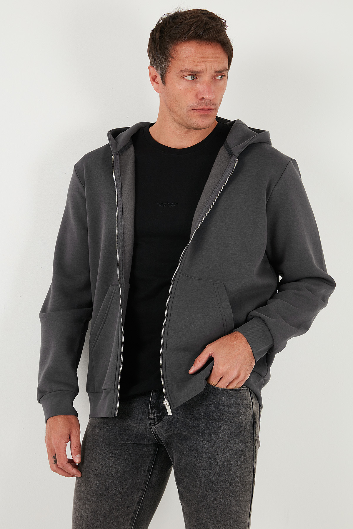 Buratti Regular Fit Kapüşonlu Fermuarlı İçi Tüylü Yumuşak Şardonlu Kışlık Sweat Erkek SWEAT 5905340