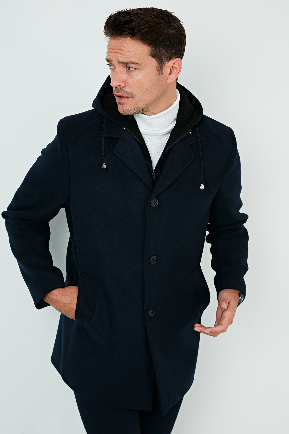 Çıkarılabilir Kapüşonlu Kırçıllı Slim Fit Kaşe Kaban Erkek KABAN 5841013 — سرمه‌ای — تصویر 2 از 6