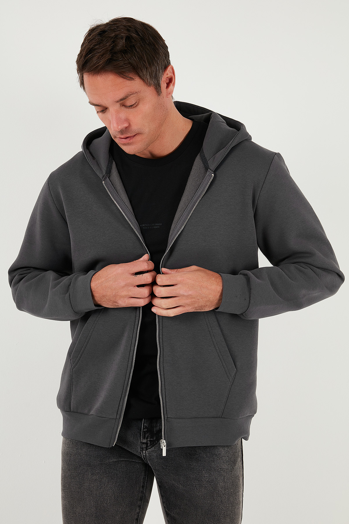 Buratti Regular Fit Kapüşonlu Fermuarlı İçi Tüylü Yumuşak Şardonlu Kışlık Sweat Erkek SWEAT 5905340 görsel 3