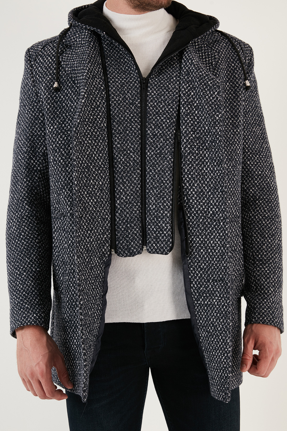 Çıkarılabilir Kapüşonlu Kırçıllı Slim Fit Kaşe Kaban Erkek KABAN 5841013 — سرمه‌ای — تصویر 6 از 7