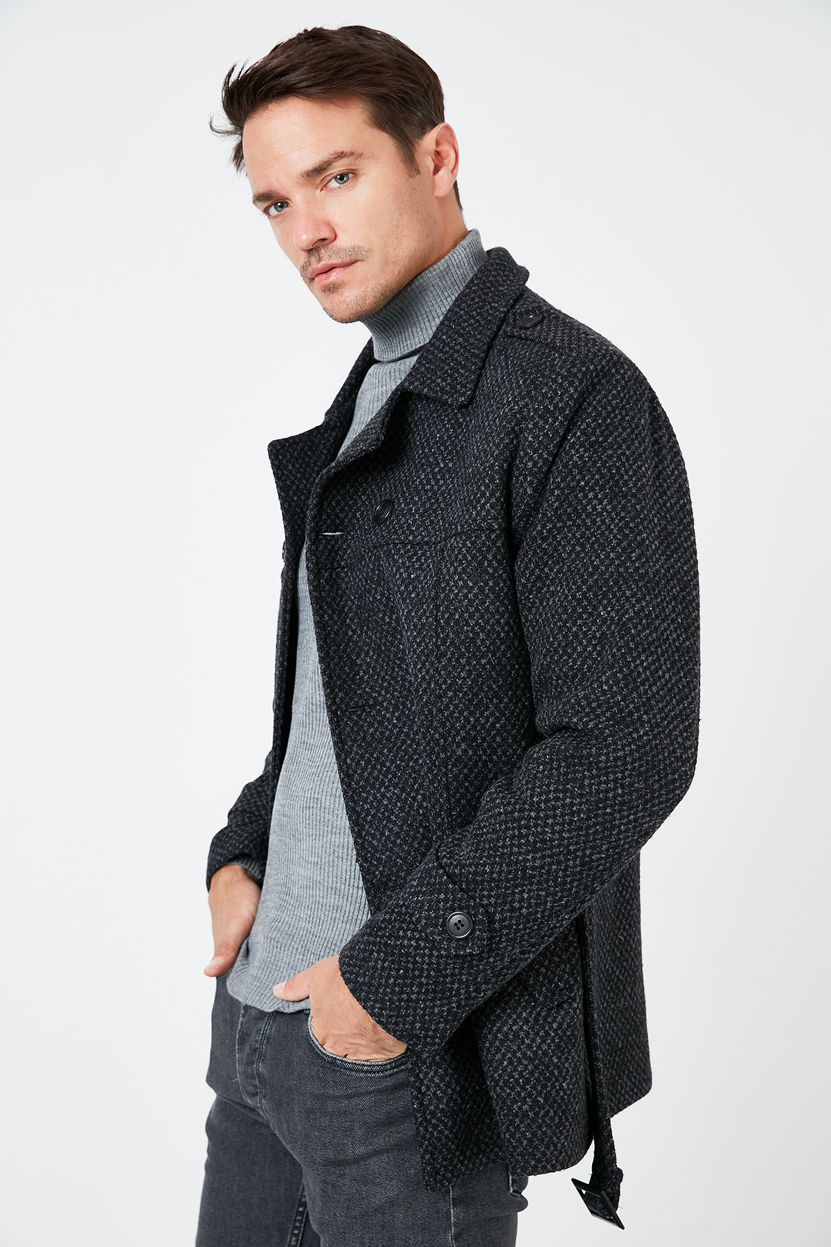 Slim Fit Cepli Pamuklu Kaşe Kaban Erkek Kaban 5841015 — مشکی — تصویر 3 از 6