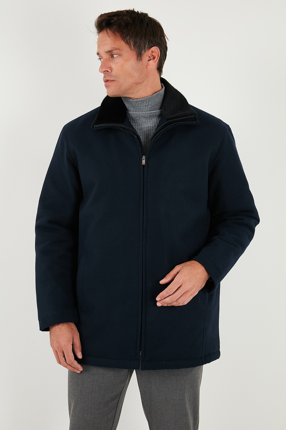 Buratti Regular Fit Çıkarılabilir Tüylü Yaka Detaylı Astarlı Kaşe Kaban Erkek KABAN 58400217 görsel 4