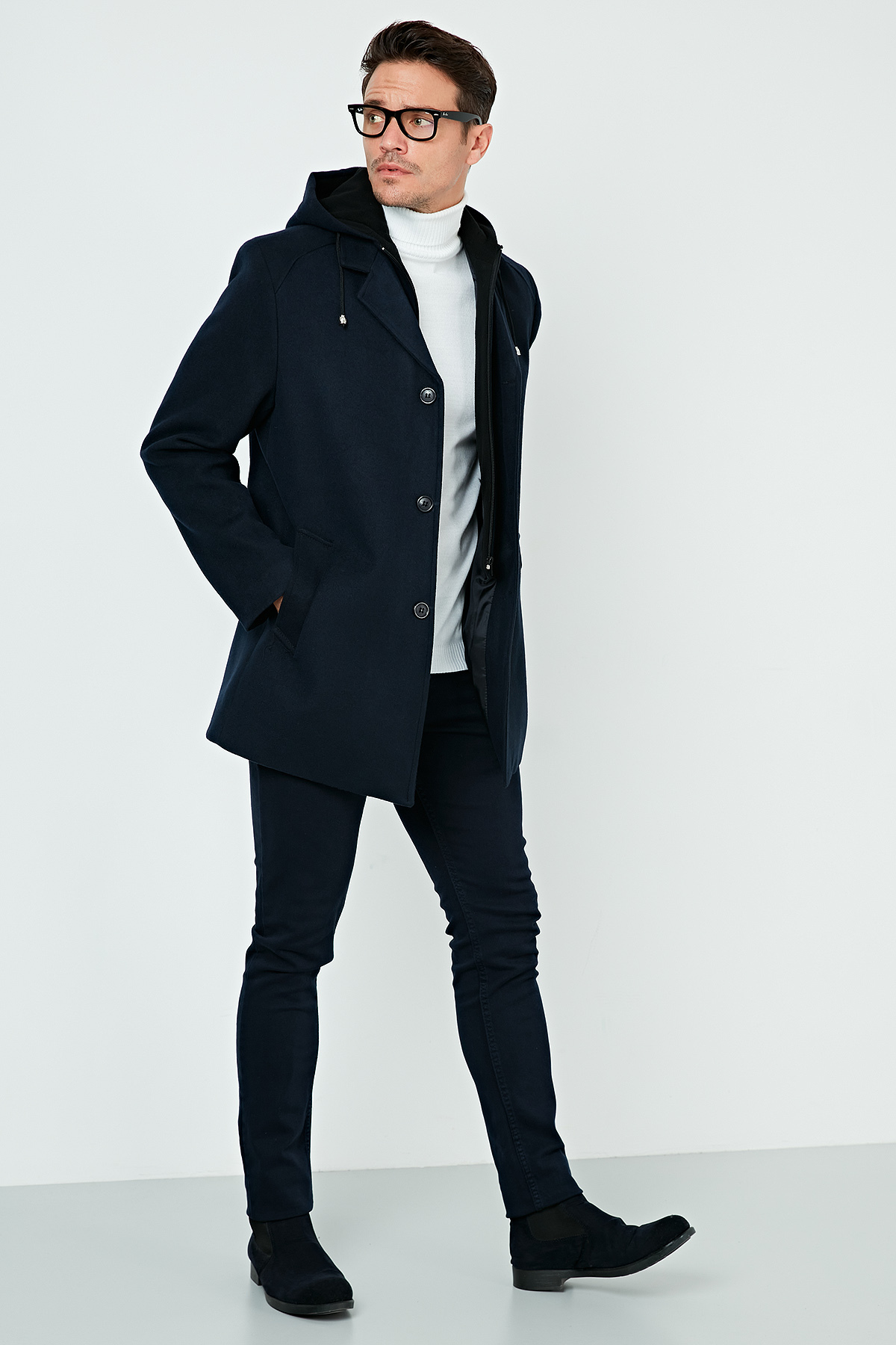 Çıkarılabilir Kapüşonlu Kırçıllı Slim Fit Kaşe Kaban Erkek KABAN 5841013 — سرمه‌ای — تصویر 4 از 6