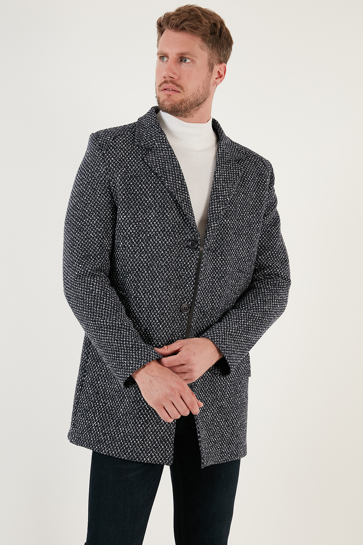 Çıkarılabilir Kapüşonlu Kırçıllı Slim Fit Kaşe Kaban Erkek KABAN 5841013 — سرمه‌ای — تصویر 2 از 7