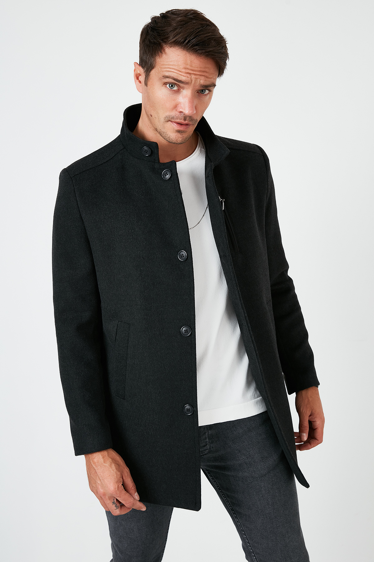 Buratti Relaxed Fit Düğmeli Dik Yaka Kaşe Kaban Erkek KABAN 5840099 görsel 2