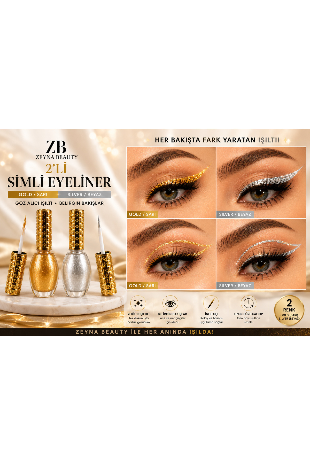 2'li Simli Eyeliner Sarı Beyaz Gold & Silver — سفید 2lieyeliner — تصویر 5 از 8
