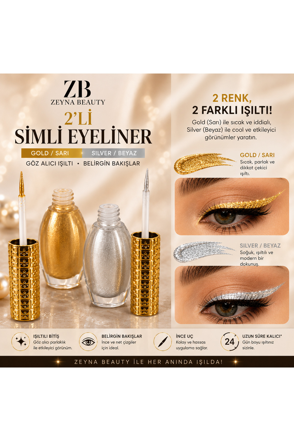 2'li Simli Eyeliner Sarı Beyaz Gold & Silver — سفید 2lieyeliner — تصویر 7 از 8