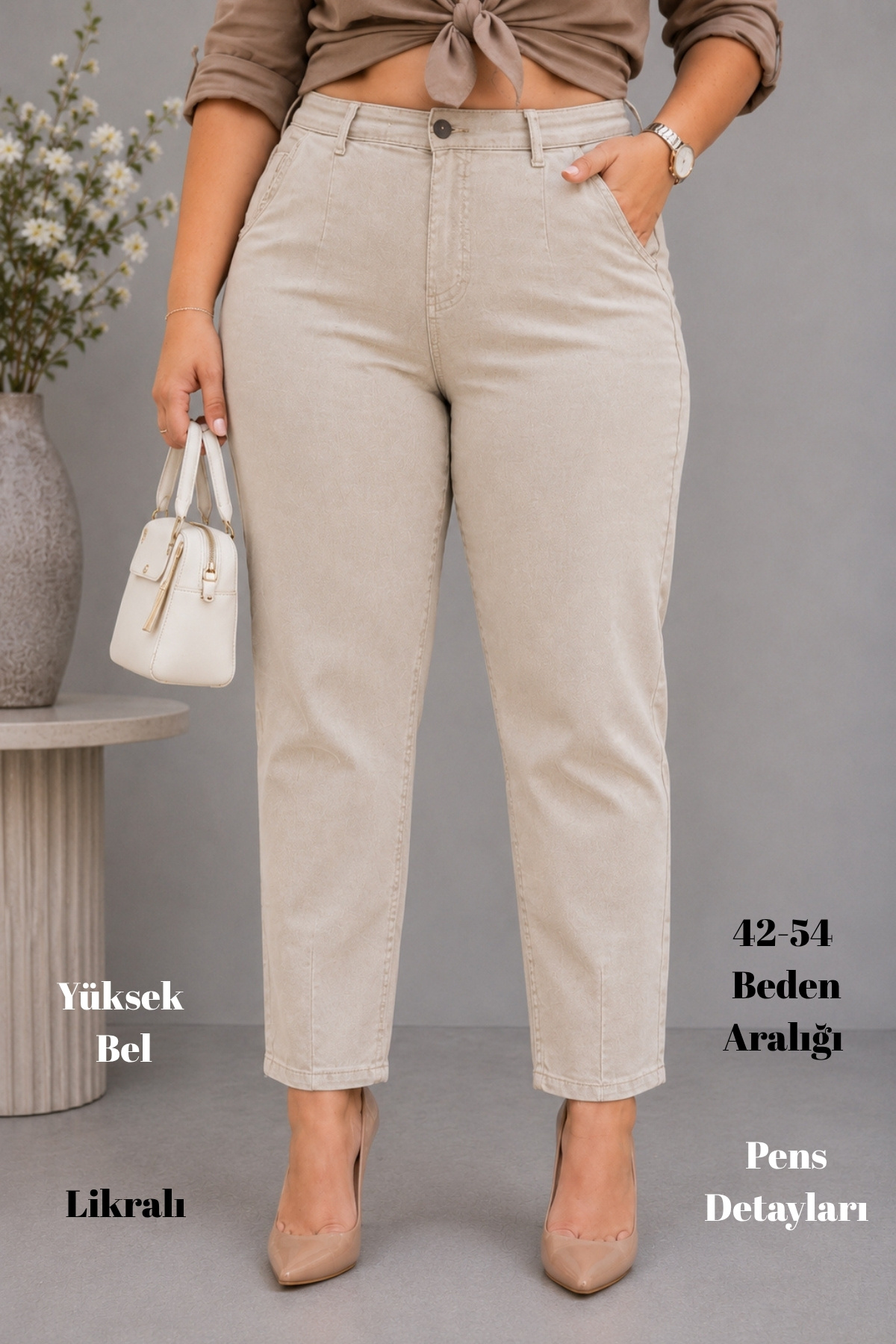 CEDY DENIM Mom Fit Jean Büyük Beden Yüksek Bel Carrot Kesim Dar Paça Pileli Esnek Kot Pantolon C600-bej