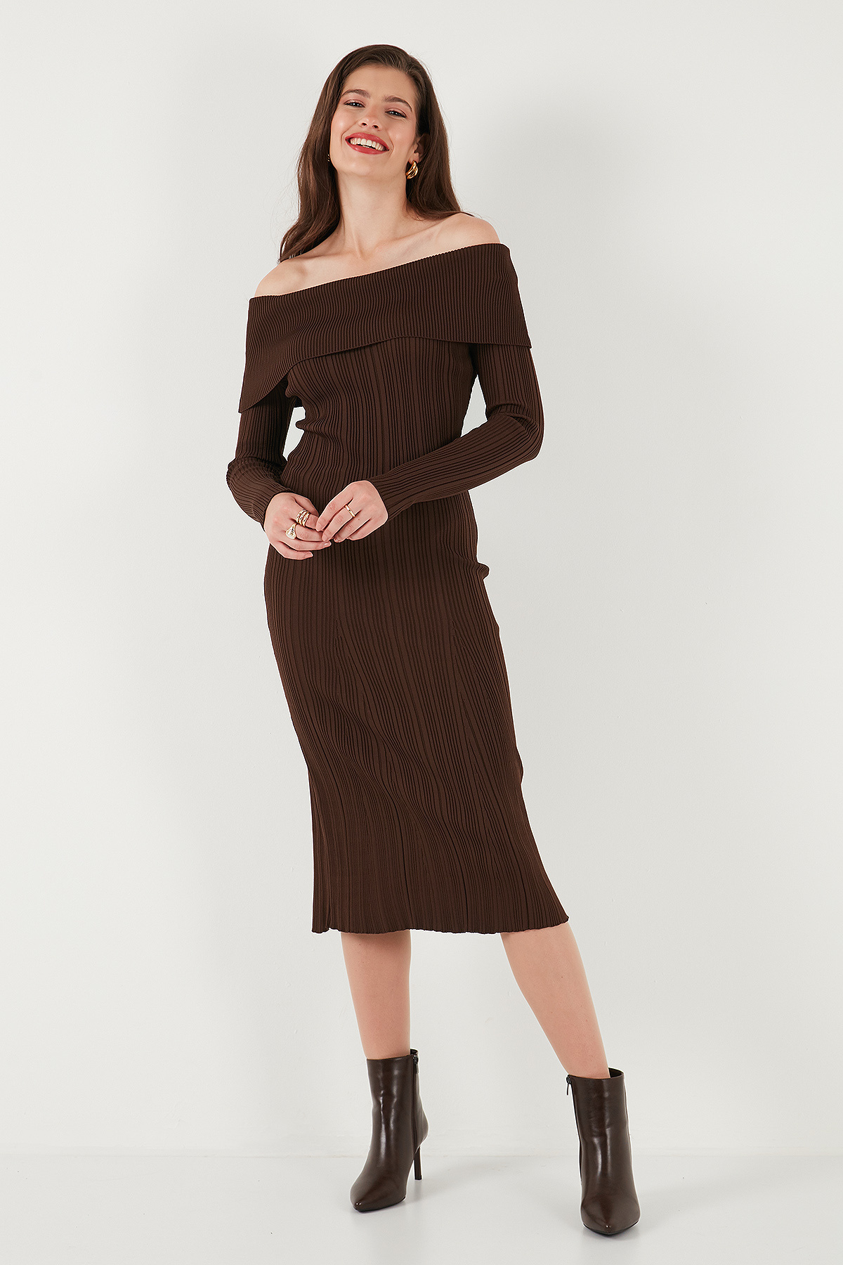Lela Premium Fitilli Carmen Yaka Slim Fit Midi Boy Triko Elbise ELBİSE 680EL00033 görsel 4