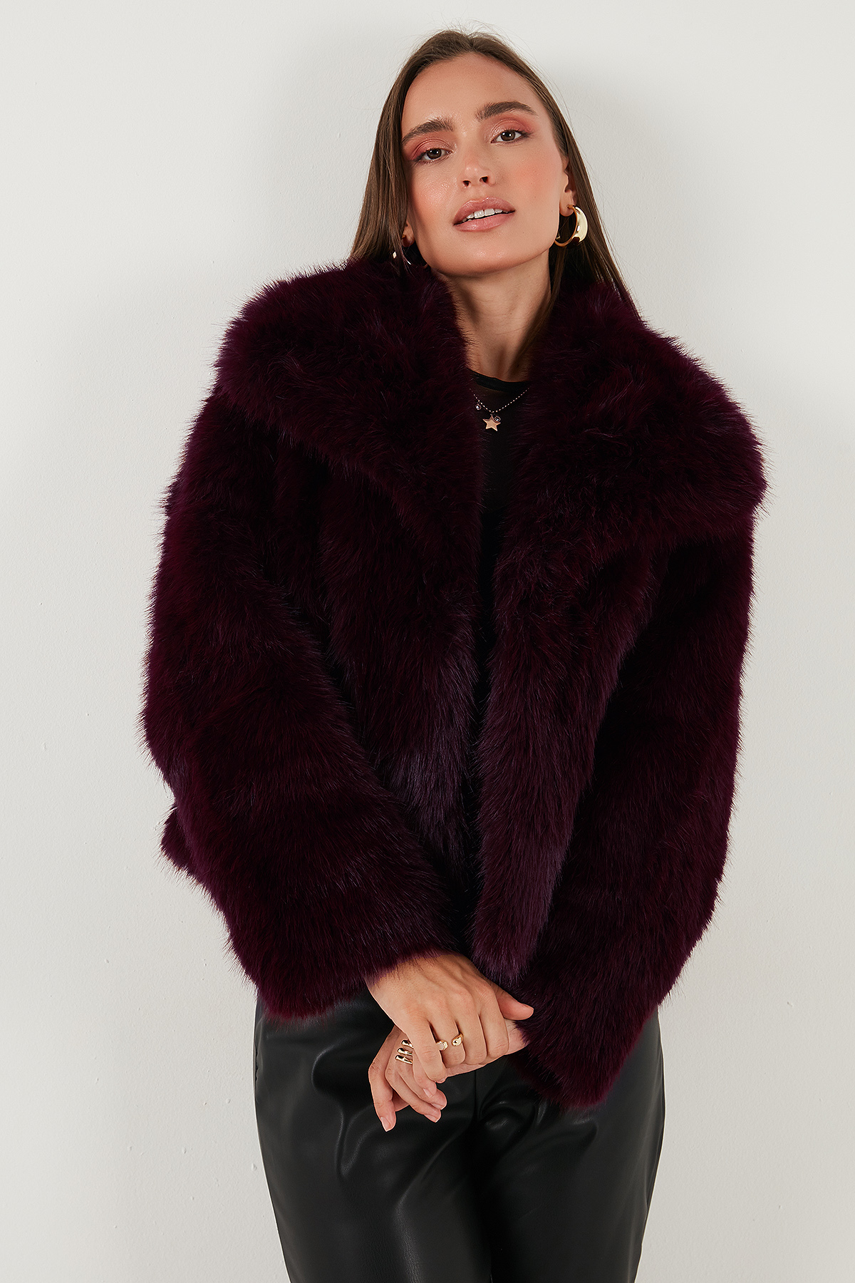 Lela Oversize Fit Gömlek Yaka Cepli Astarlı Kürk Mont KÜRK 497BERRY görsel 3