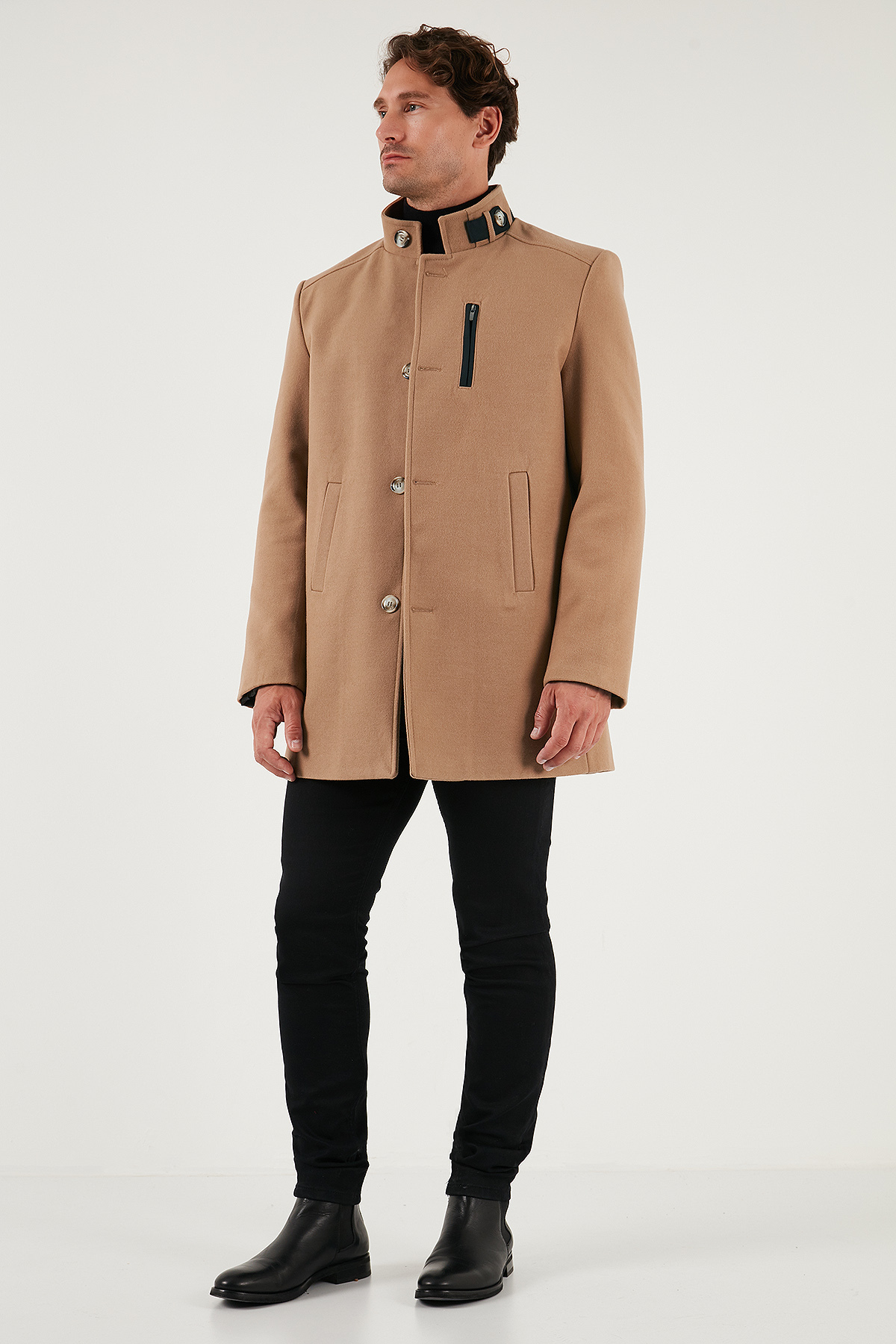 Relaxed Fit Düğmeli Dik Yaka Kaşe Kaban Erkek KABAN 5840099 — قهوه‌ای — تصویر 5 از 7