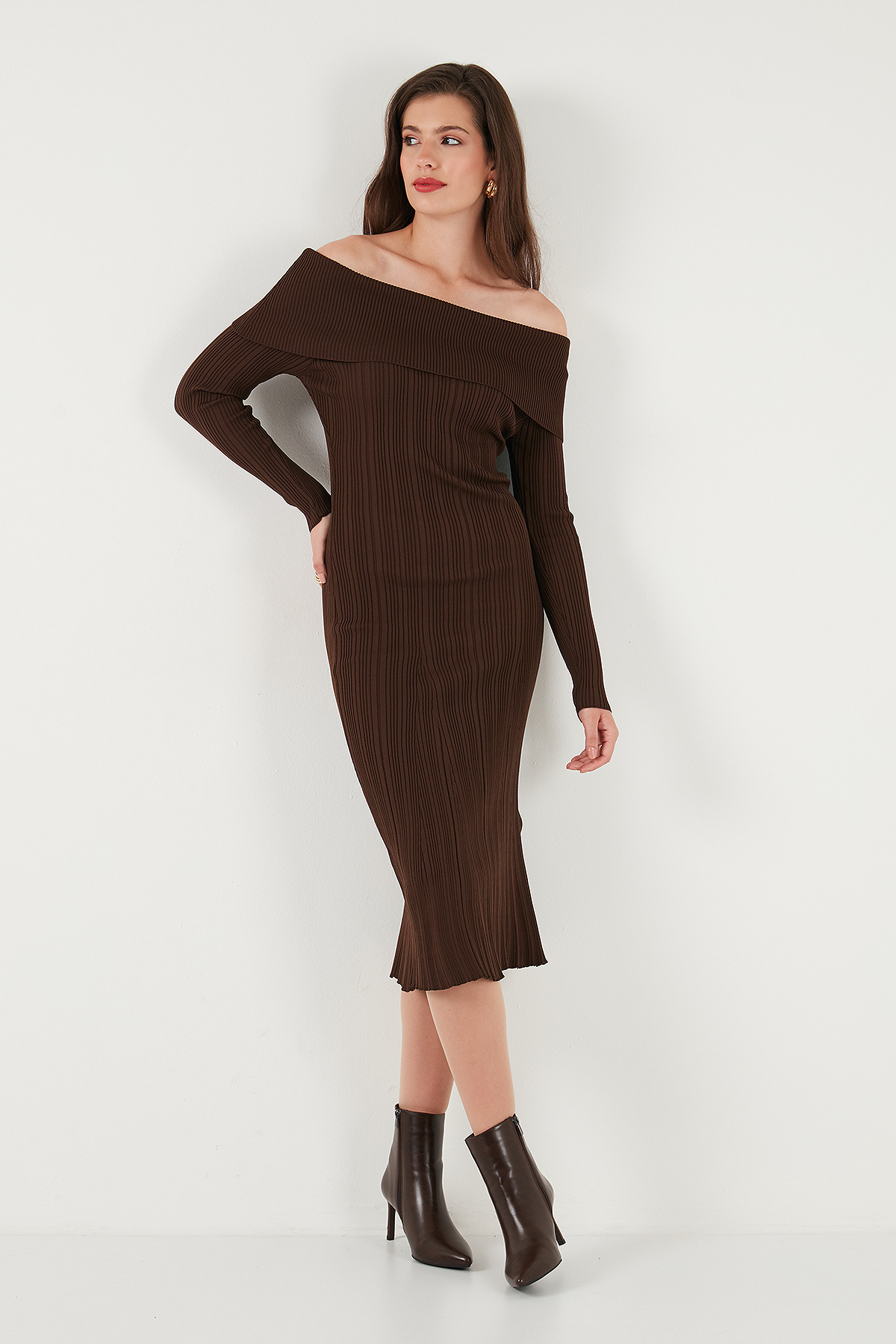 Lela Premium Fitilli Carmen Yaka Slim Fit Midi Boy Triko Elbise ELBİSE 680EL00033 görsel 6