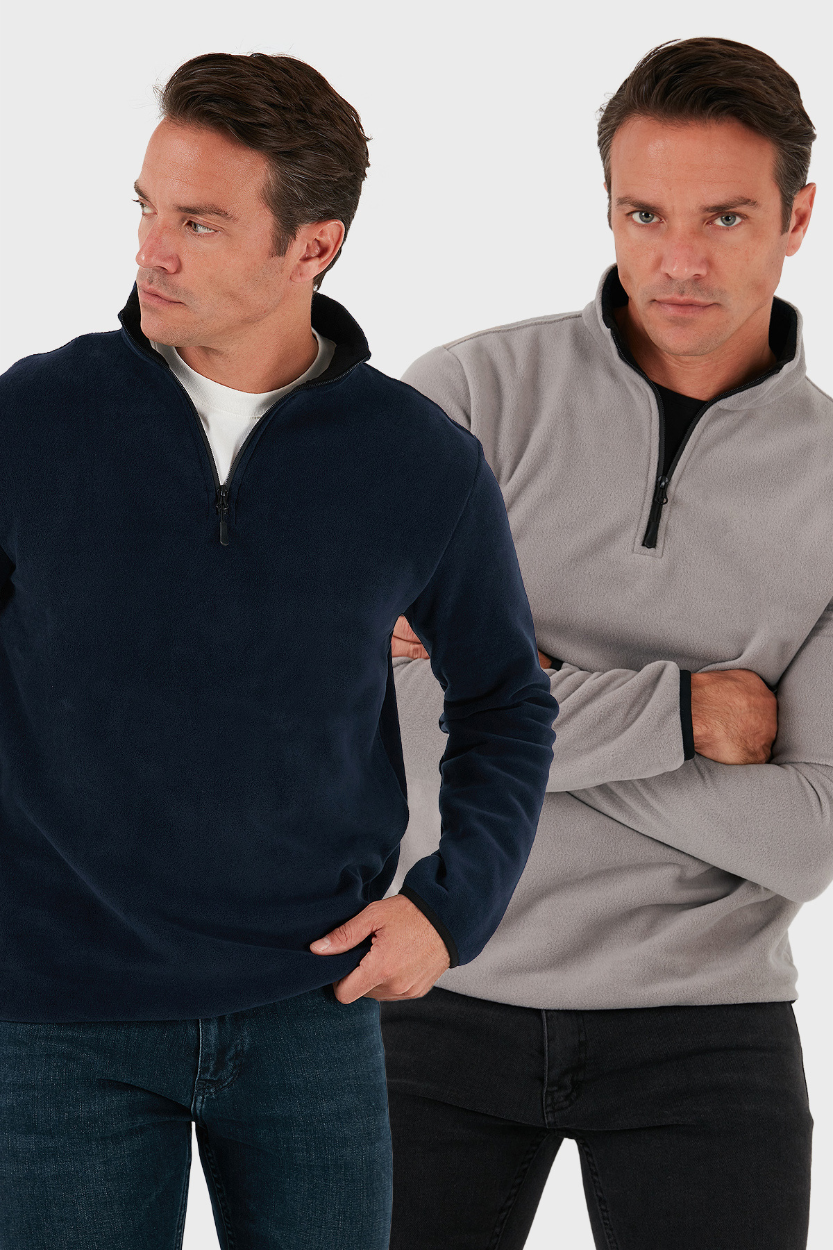 Slim Fit Yarım Fermuarlı Dik Yaka Soğuk Geçirmez 2'li Paket Polar Erkek POLAR 5906003S2 — رنگارنگ